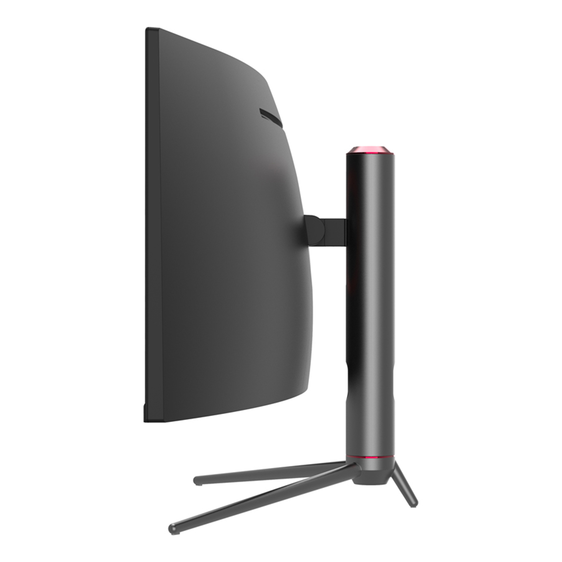 Widok z boku zakrzywionego czarnego monitora z czerwonym akcentem.