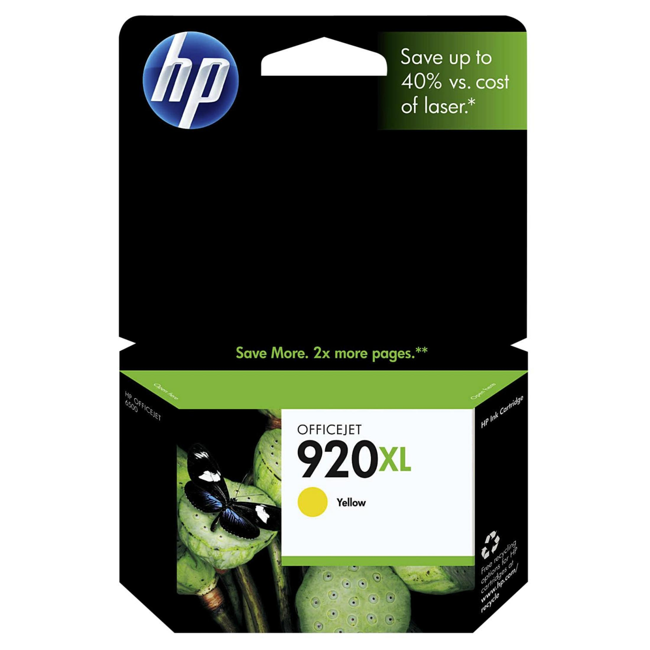 Une cartouche d'encre jaune avec une boîte noire et jaune, avec une illustration de papillon et du texte. La cartouche est jaune.