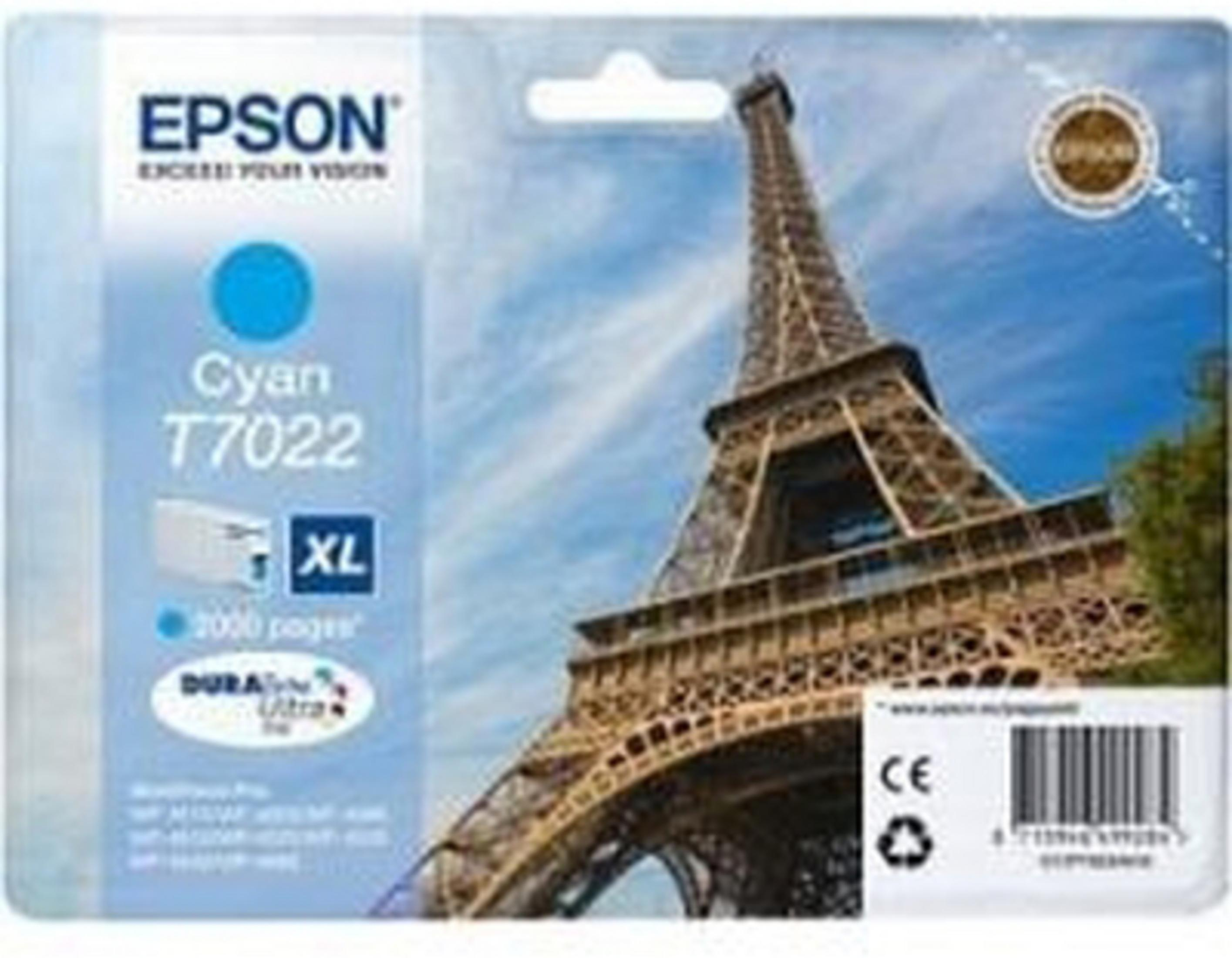 Opakowanie wkładów atramentowych Epson Cyan T7022 z Wieżą Eiffla w tle.