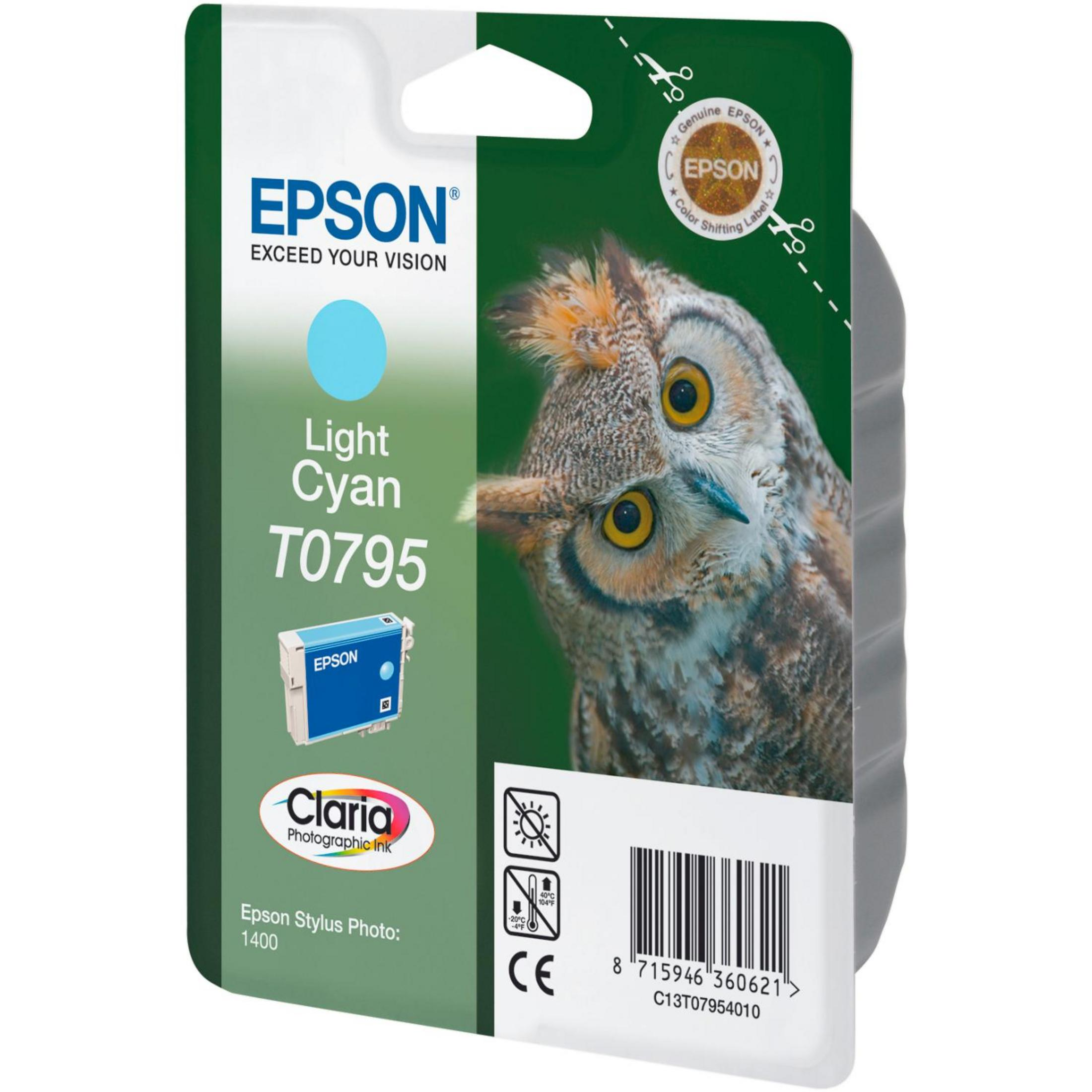 Scatola cartuccia inchiostro ciano chiaro con immagine gufo. Testo 'Light Cyan T0795' e cerchio blu.