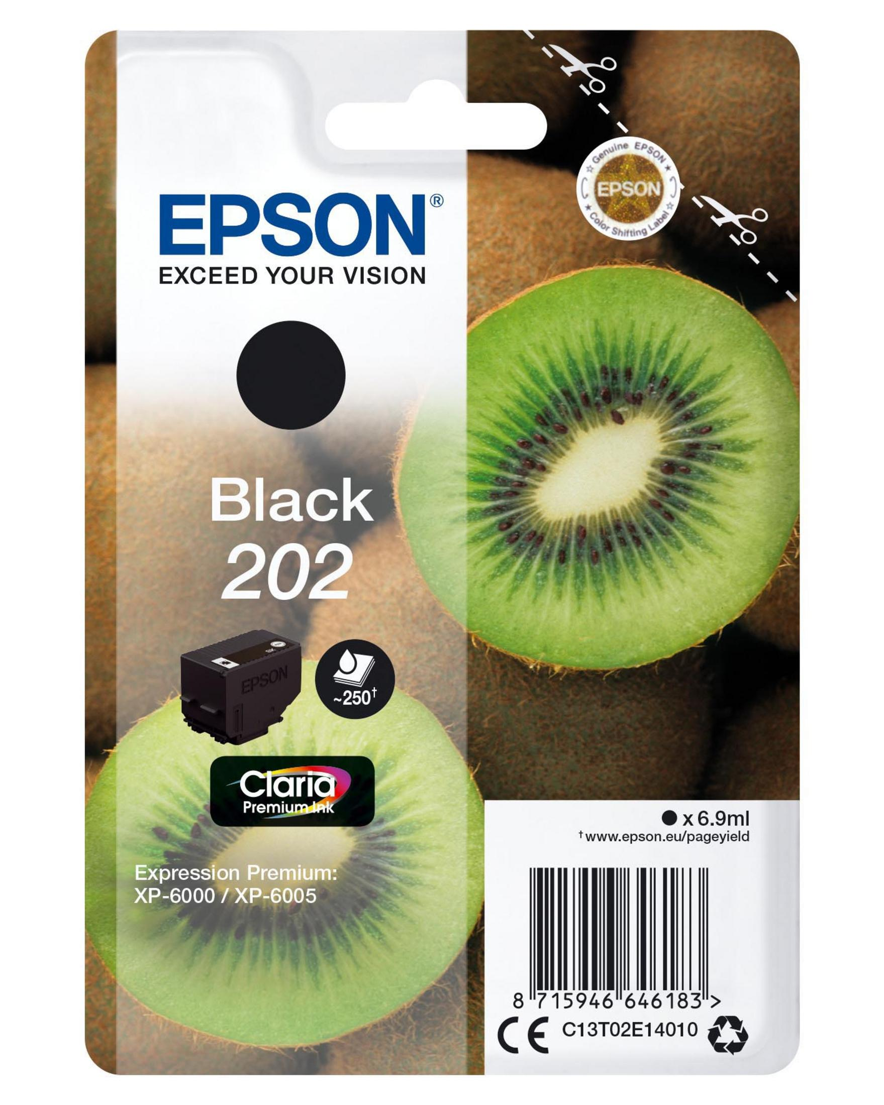 Cartouche d'encre noire Epson, kiwi et emballage. Texte: Noir 202.