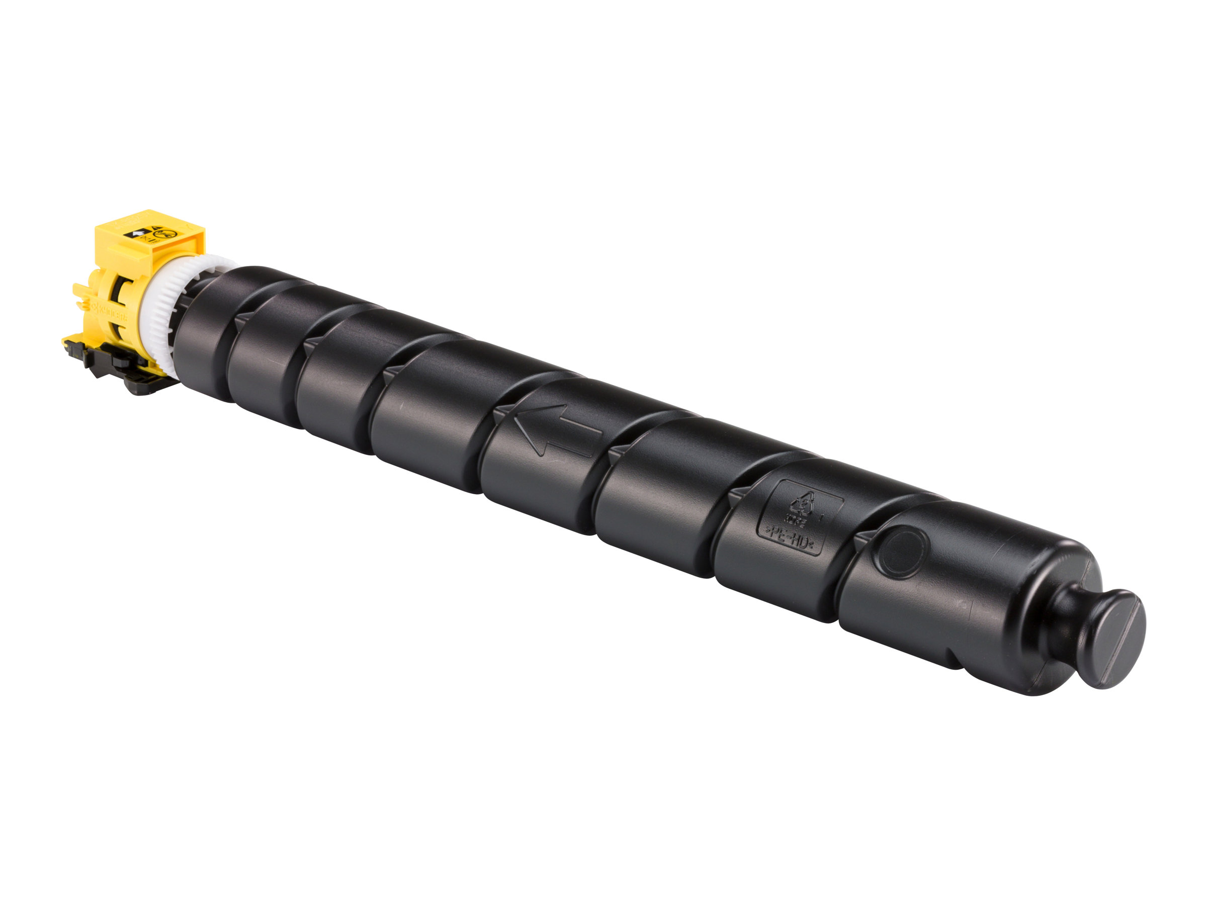Zwarte tonercartridge met gele connector en wit tandwiel, geïsoleerd op witte achtergrond.