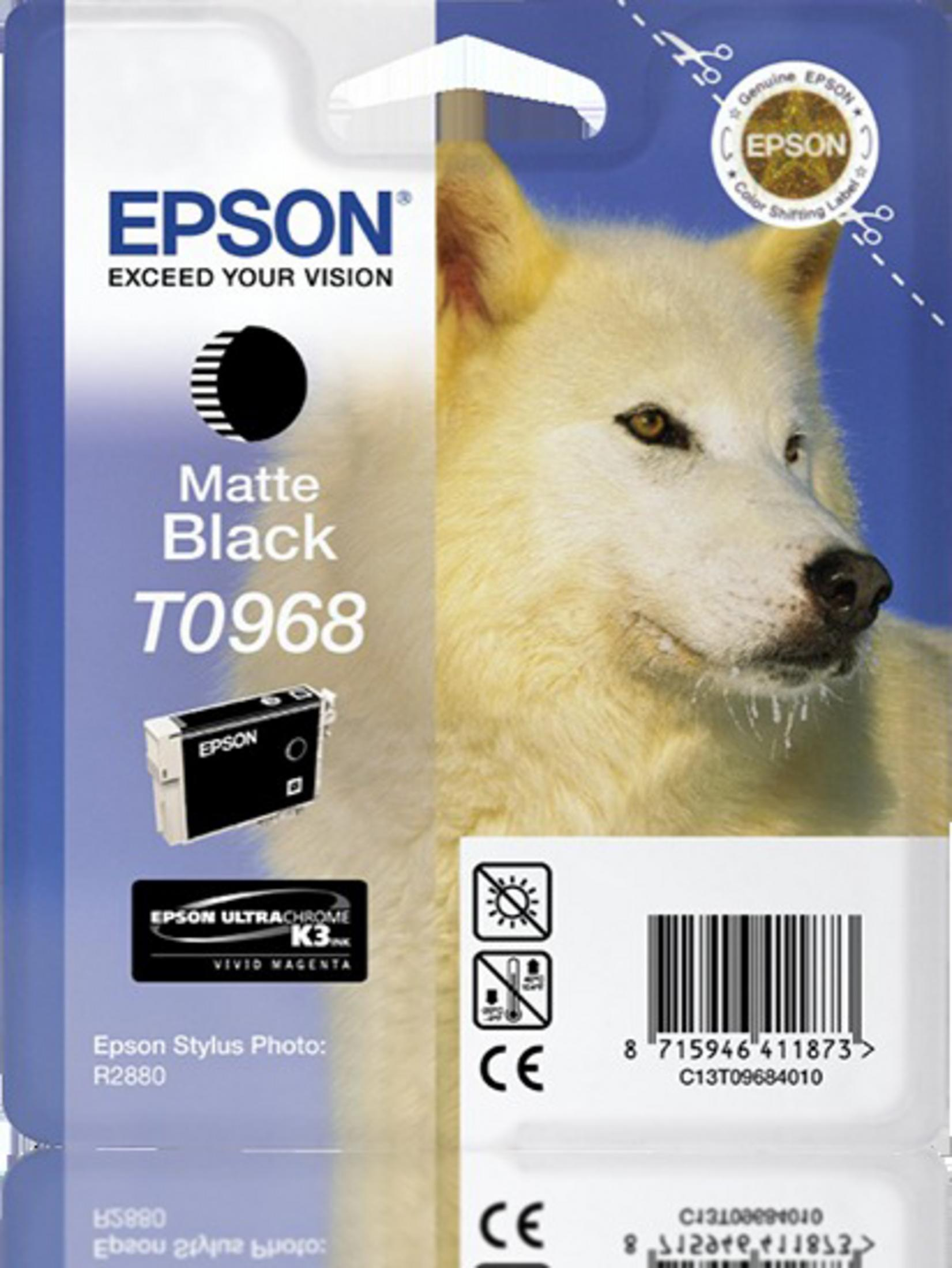 Cartuccia d'inchiostro nero opaco Epson T0968, lupo sullo sfondo.