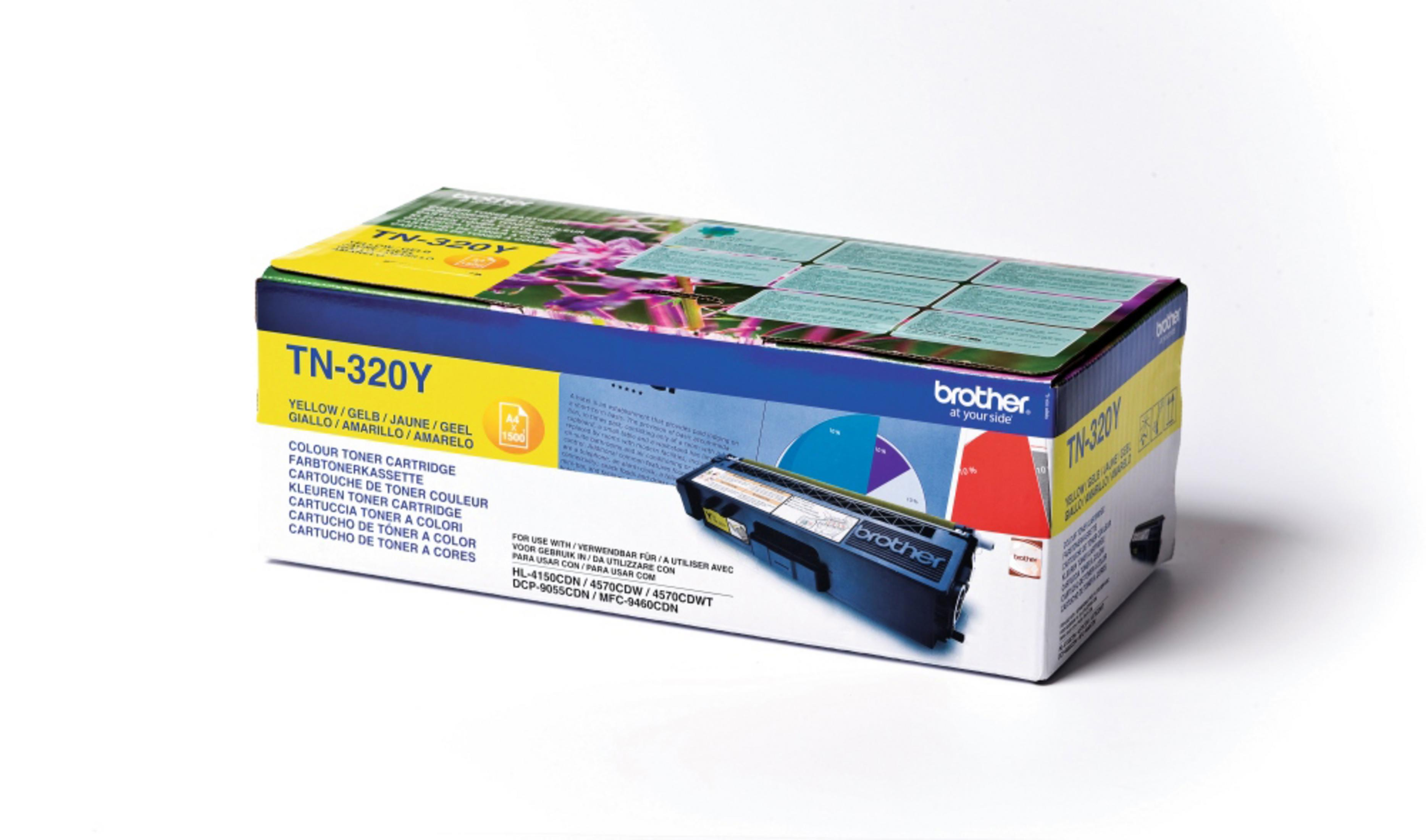 Pudełko z żółtym tonerem Brother TN-320Y z drukarką i kolorowym wykresiem kołowym.