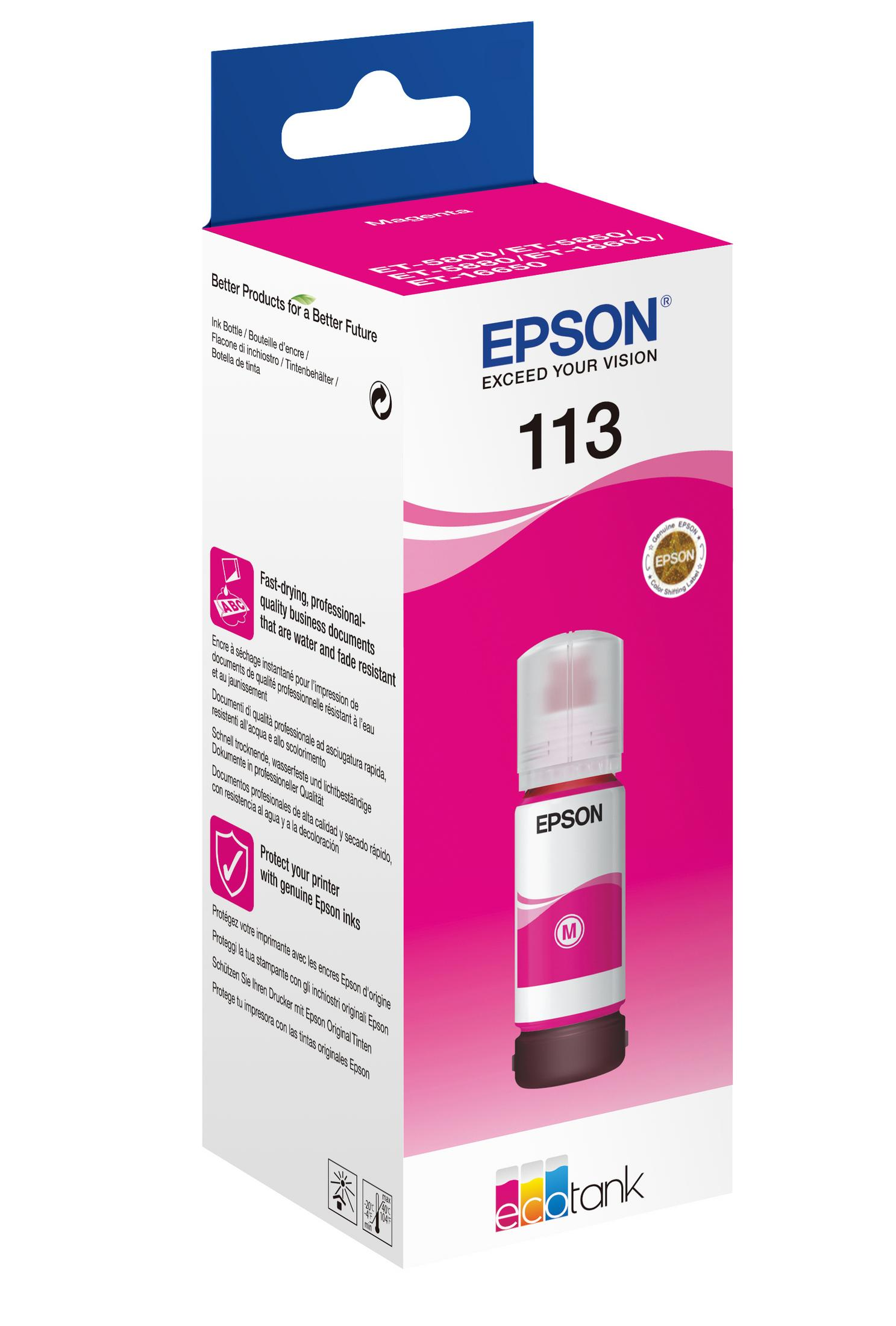 Botella de tinta magenta Epson con texto y fondo blanco.