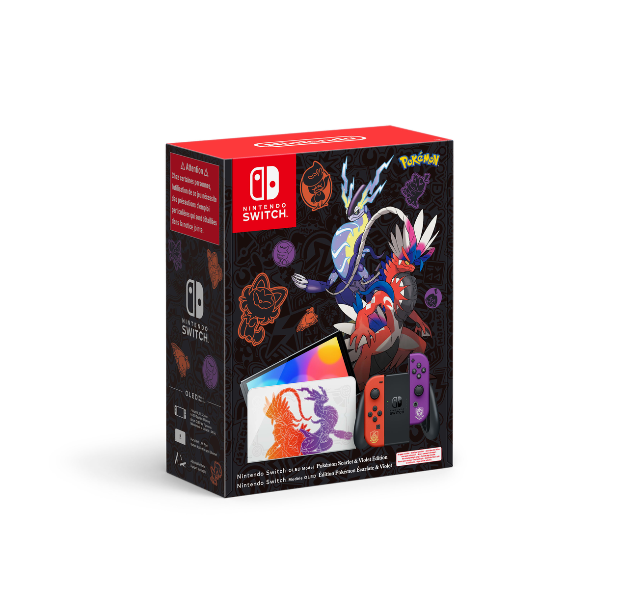 Nintendo Switch OLED-doos, Pokémon Scarlet & Violet Edition, op een witte achtergrond.