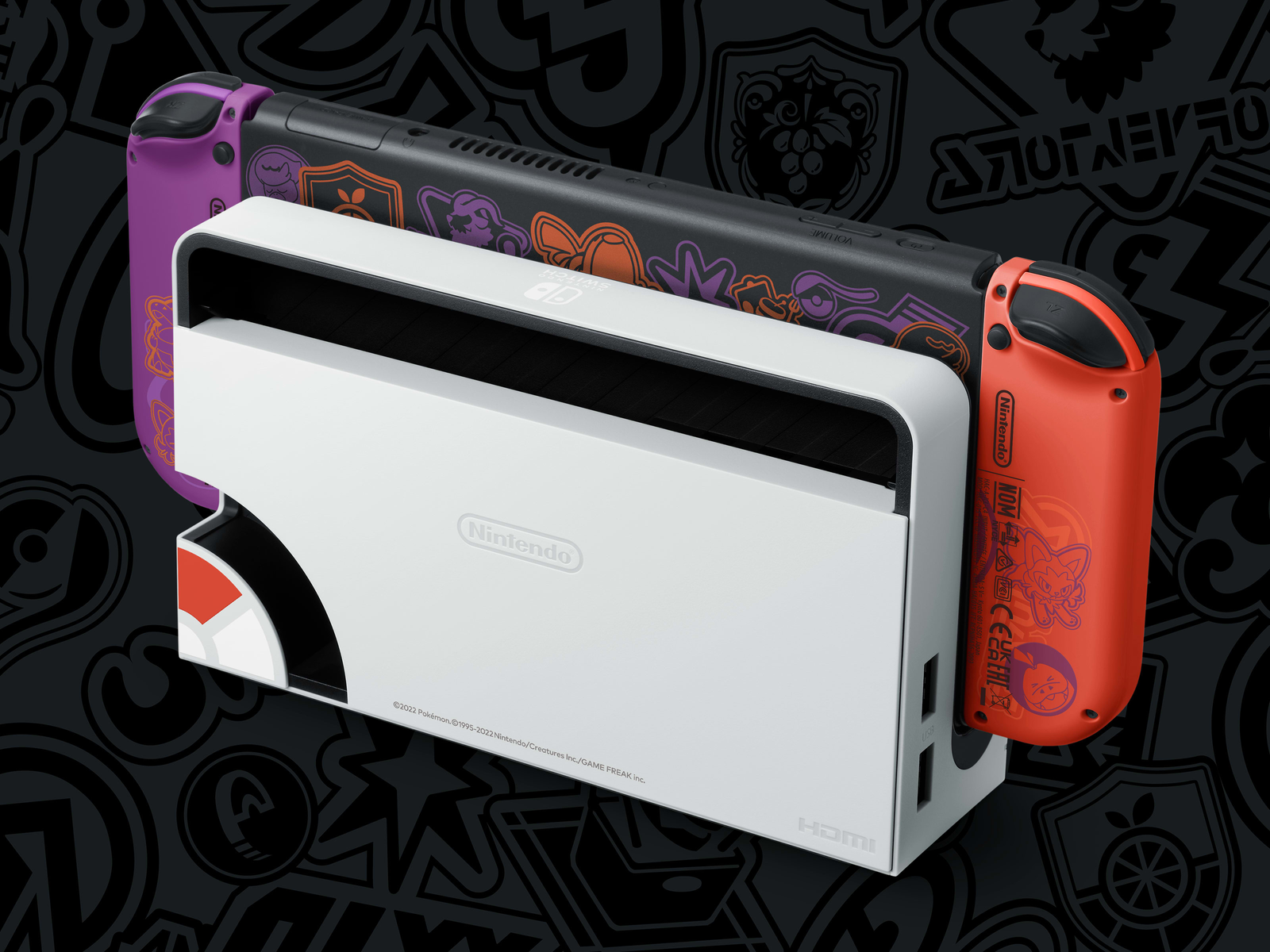 Nintendo Switch-console met Joy-Cons. De dock is wit, met een zwart-wit ontwerp.