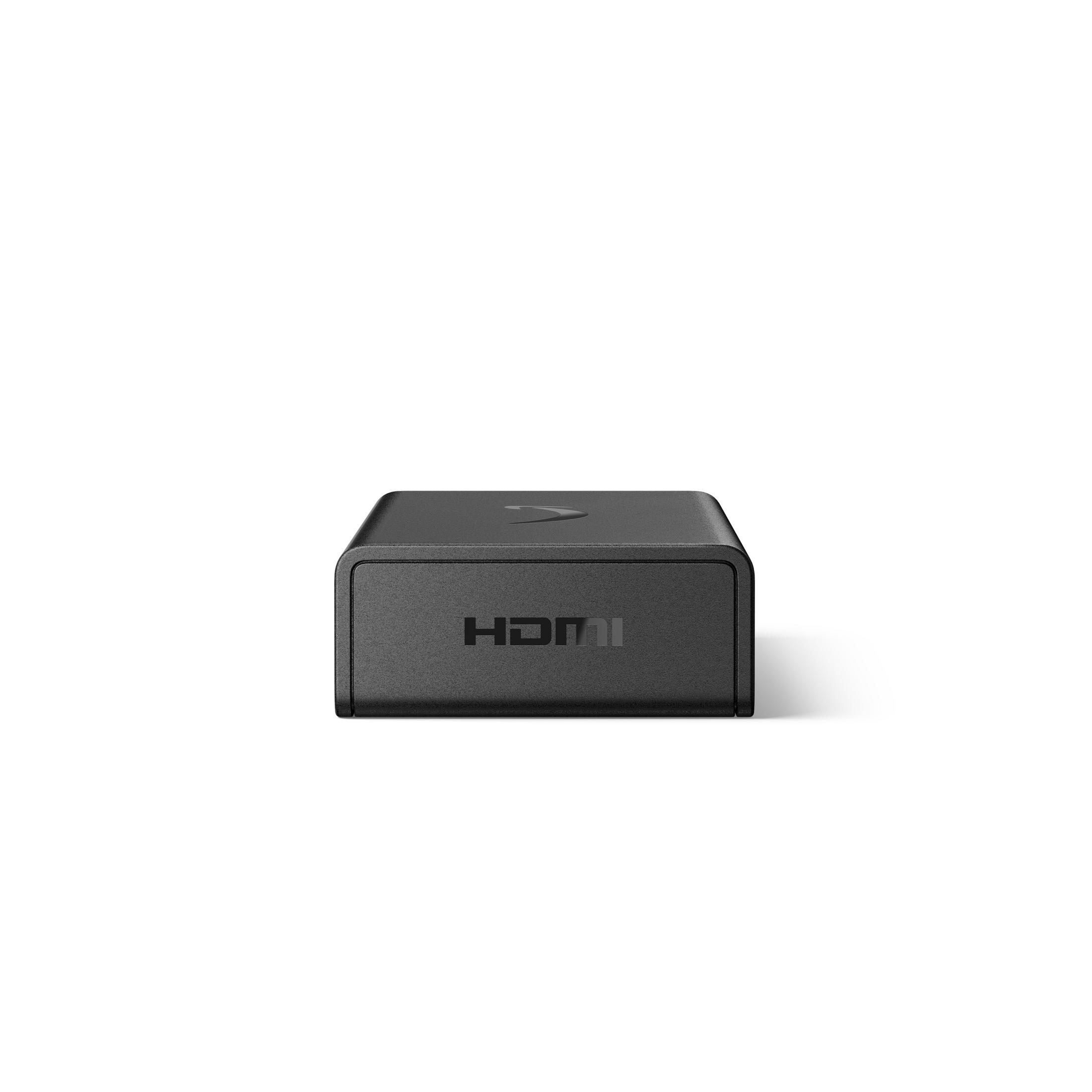 Ein schwarzes HDMI-Gerät mit dem Wort "HDMI" darauf, vor weißem Hintergrund.