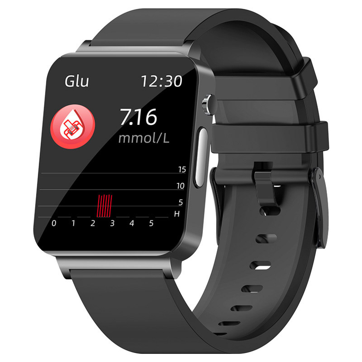 Black smartwatch displaying blood glucose level: 7.16 mmol/L. The watch has a black strap.