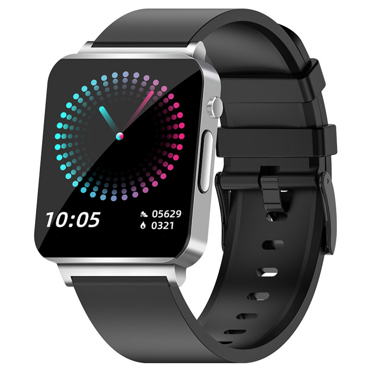 A black smartwatch with a black strap, showing the time and a colorful display.