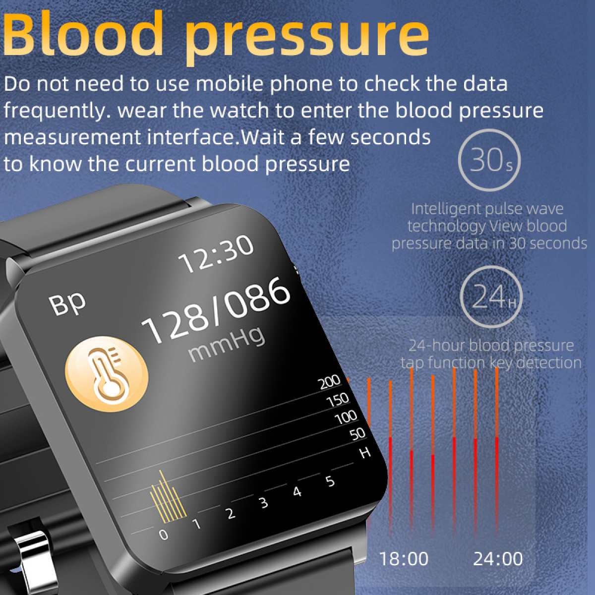 Smartwatch showing blood pressure data on a black screen with a strap.