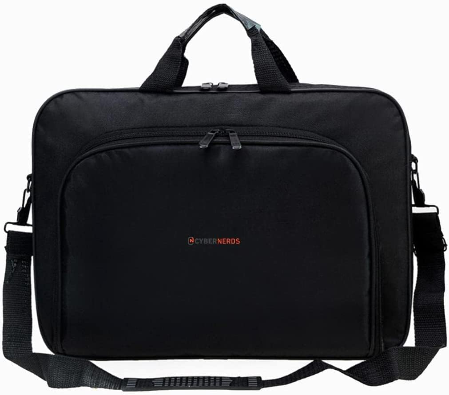 Eine schwarze Laptoptasche mit Schultergurt und einem CYBERNERDS-Logo auf der Vorderseite.