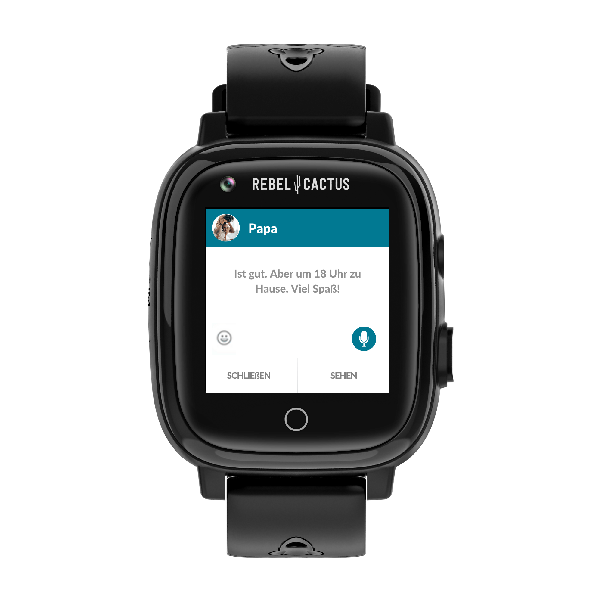 Smartwatch negra con un mensaje en la pantalla. El texto está en alemán.