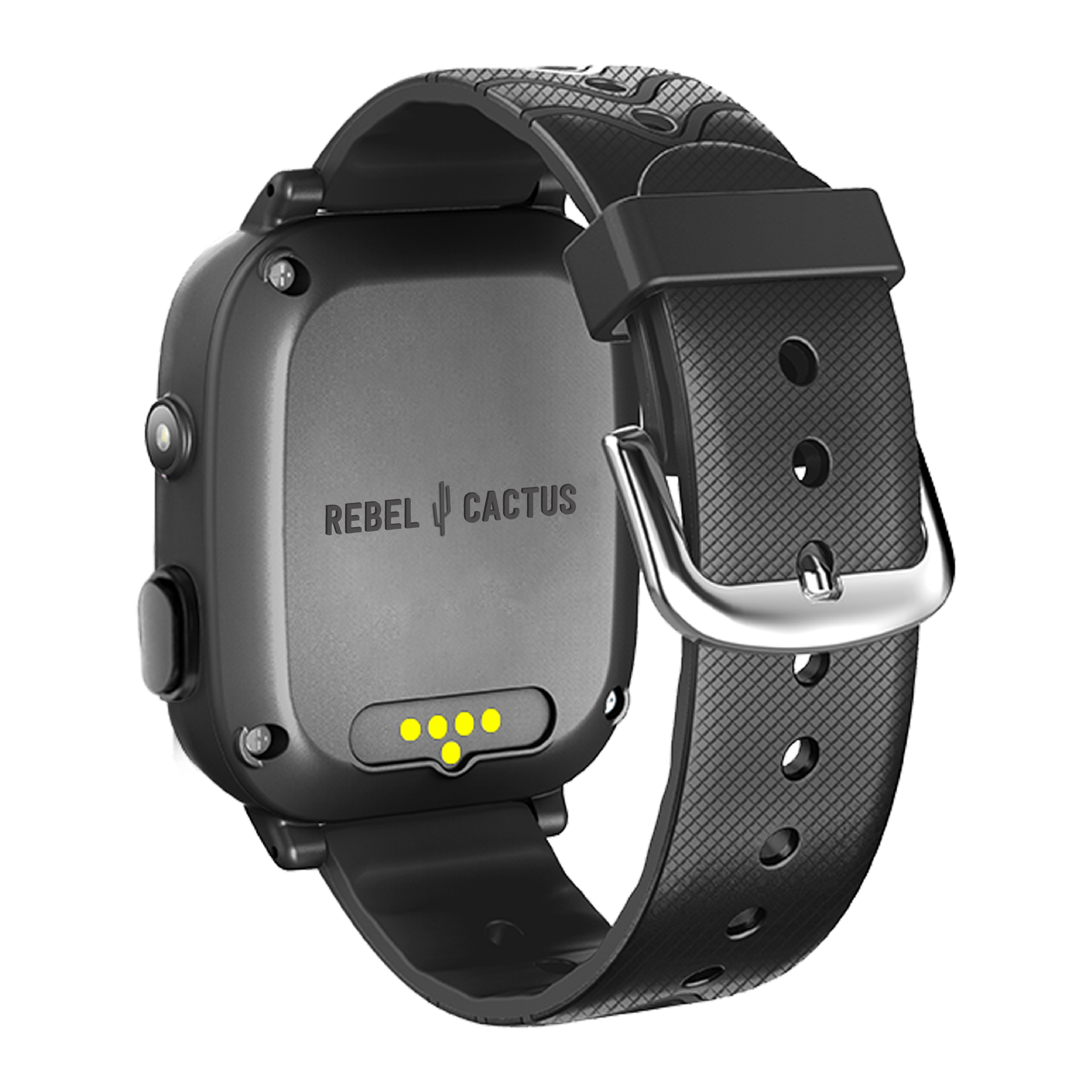 Primer plano de un smartwatch negro con correa negra.