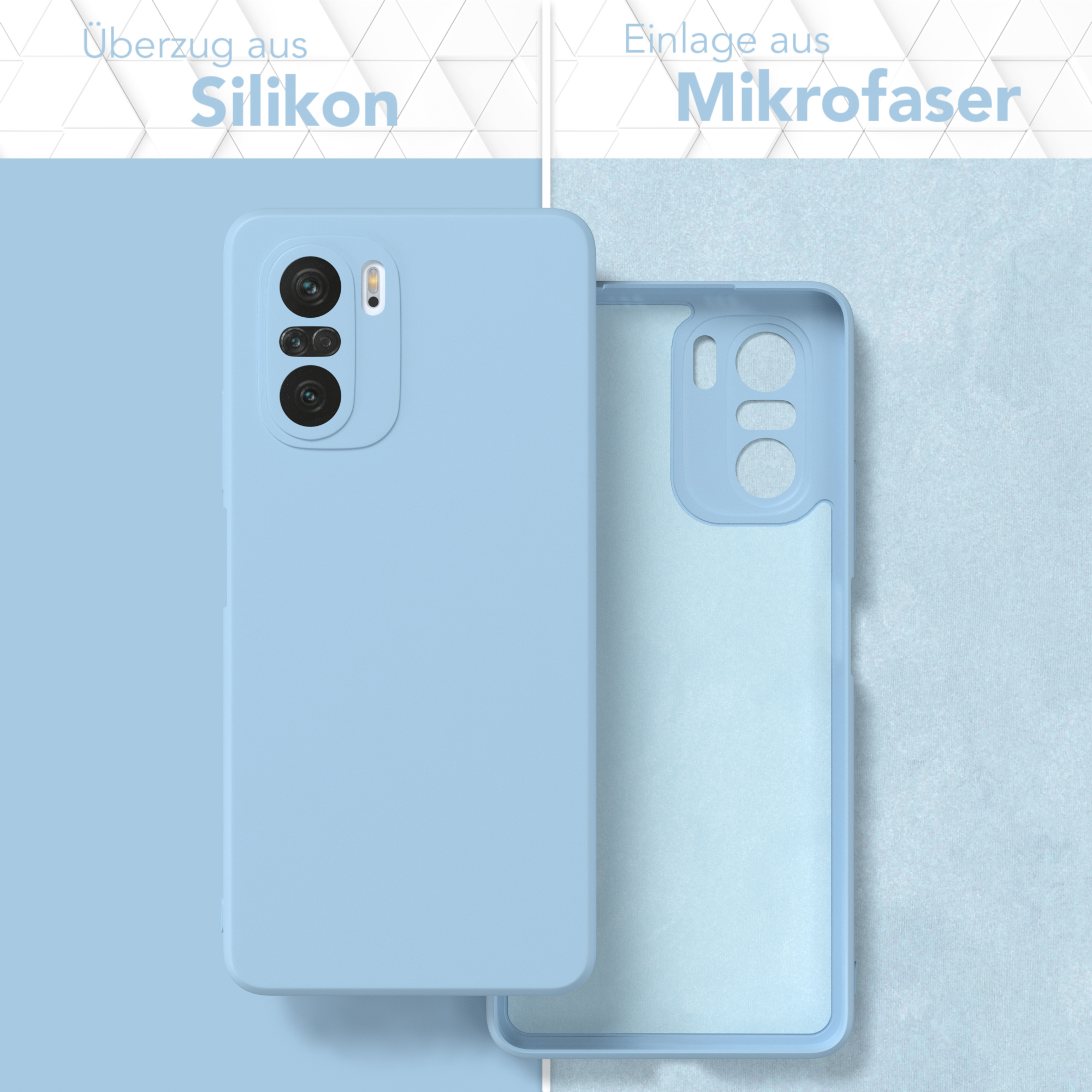 Hellblaue Handyhülle und Telefon, mit Text über die Materialien.