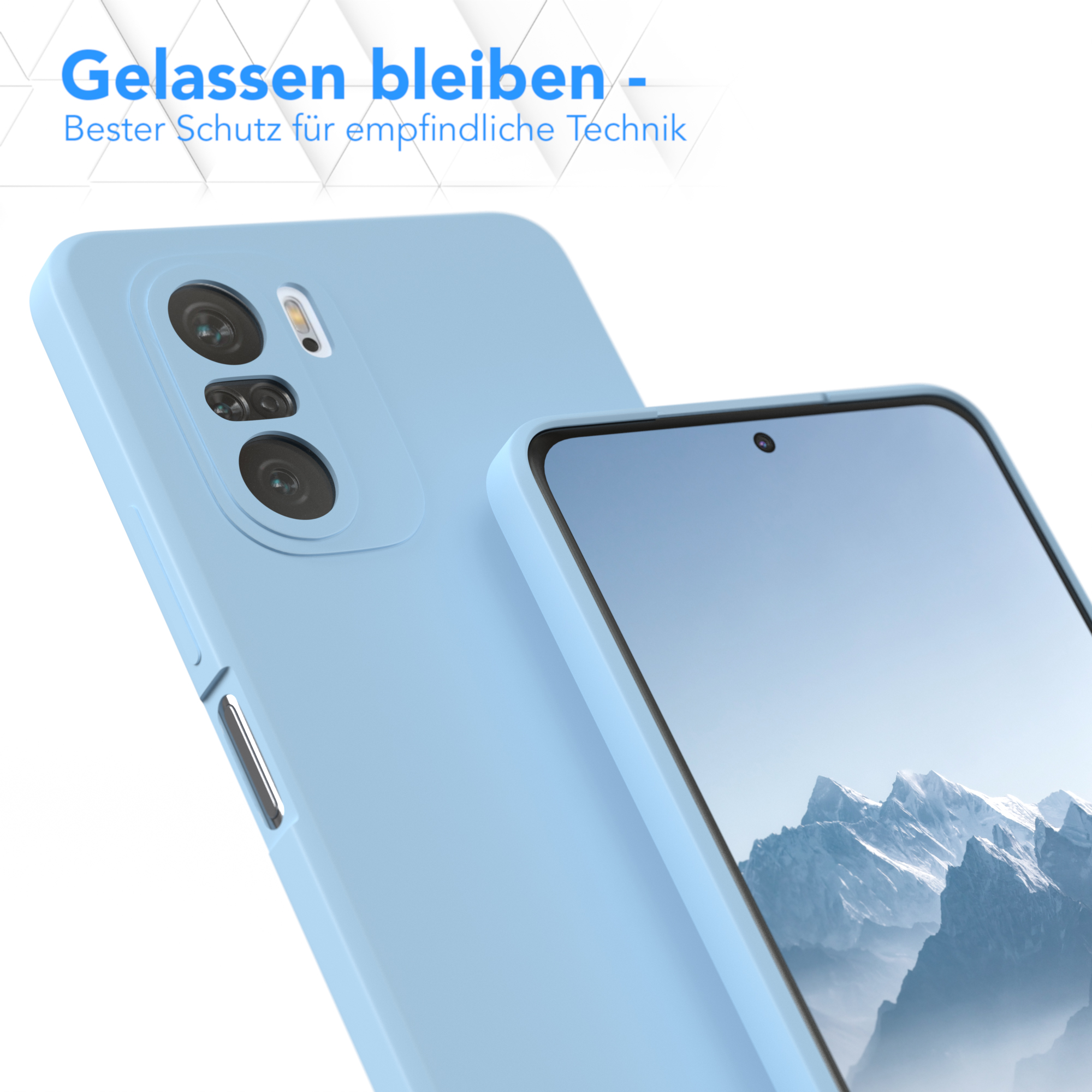 Hellblaue Handyhülle auf weißem Hintergrund. Die Handyhülle bedeckt ein Mobiltelefon.