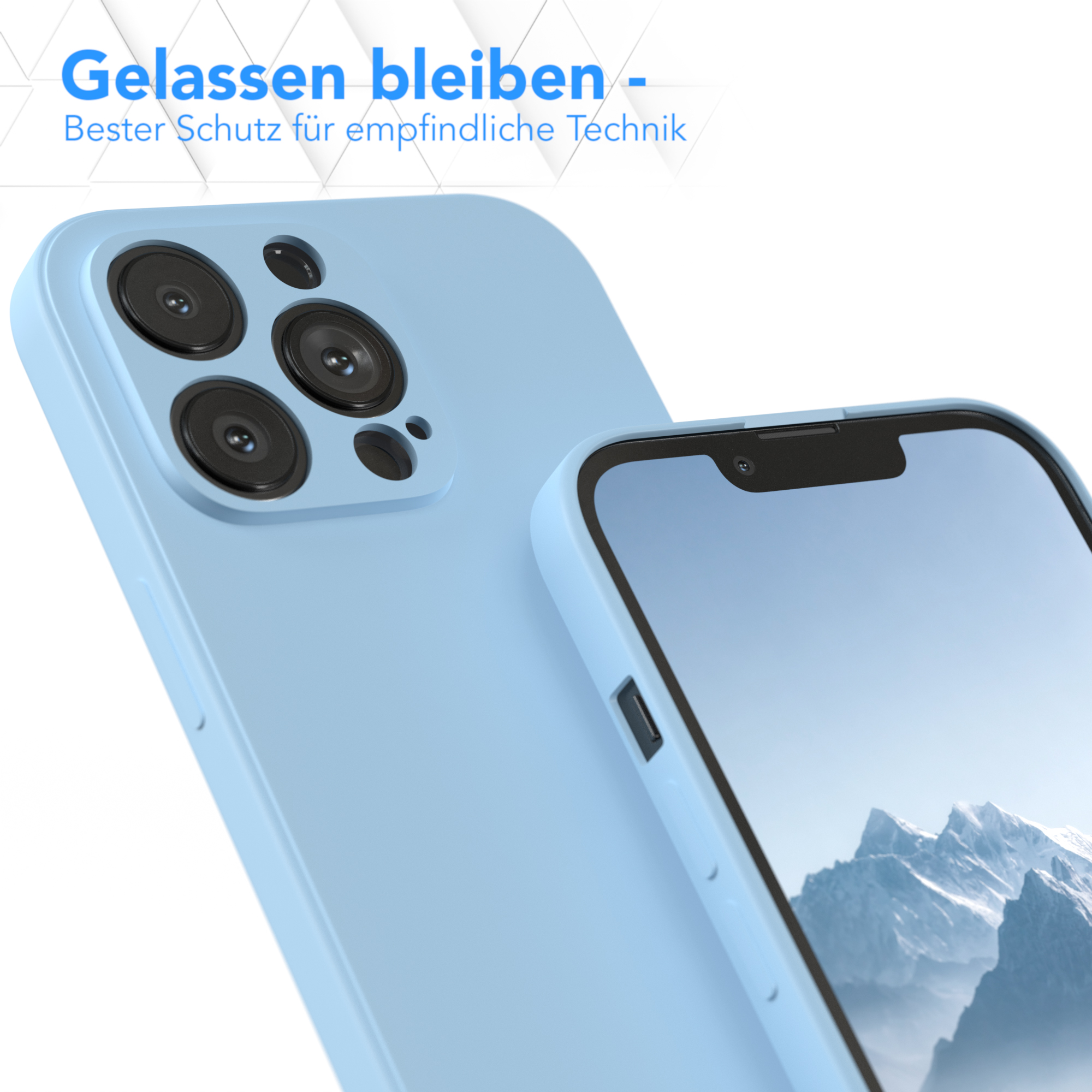 Eine hellblaue Handyhülle auf der Rückseite eines Telefons. Das Telefon ist angewinkelt. Es gibt einen Berg im Hintergrund.