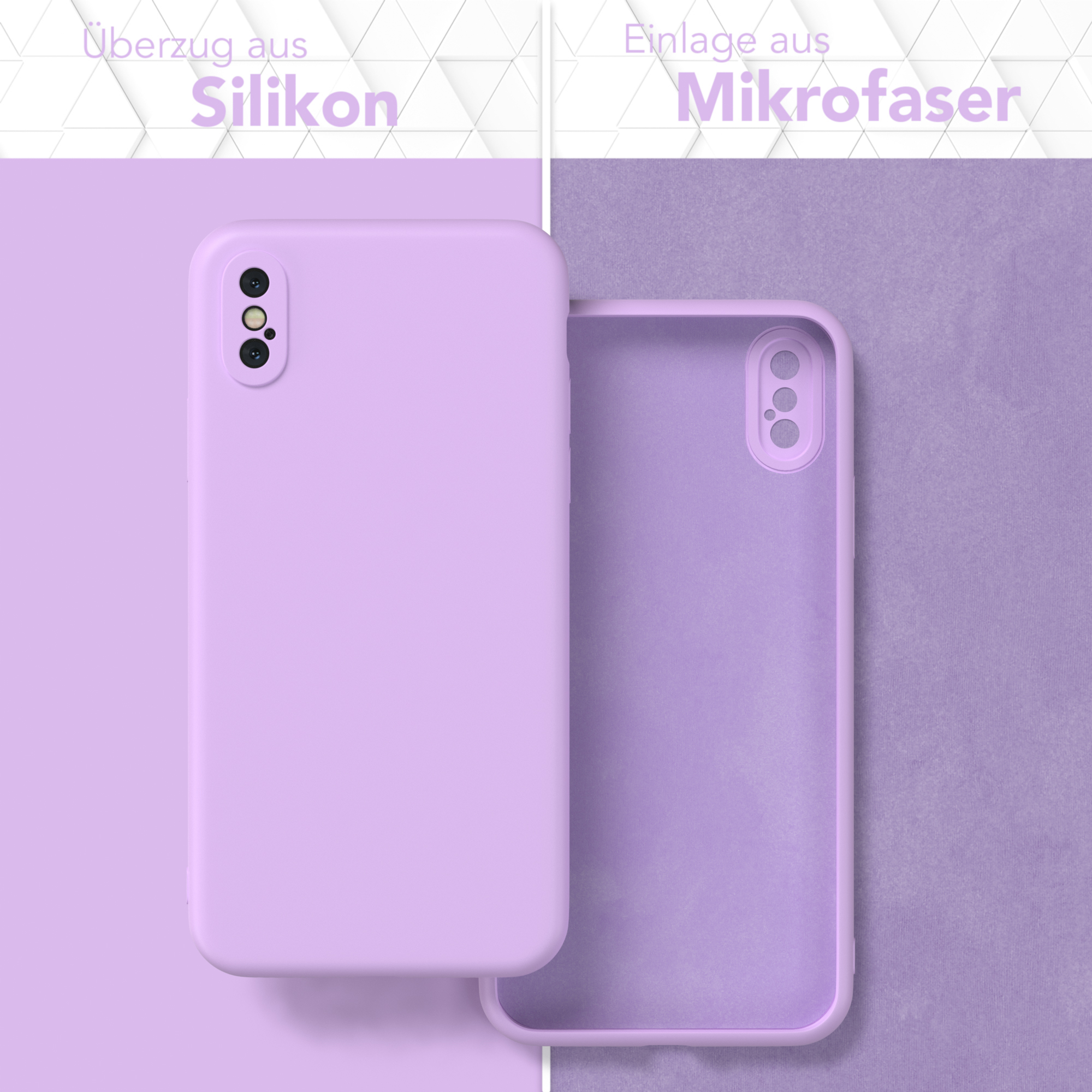 Zwei Handyhüllen, eine links, eine offen rechts. Eine Seite ist Silikon, die andere Mikrofaser.