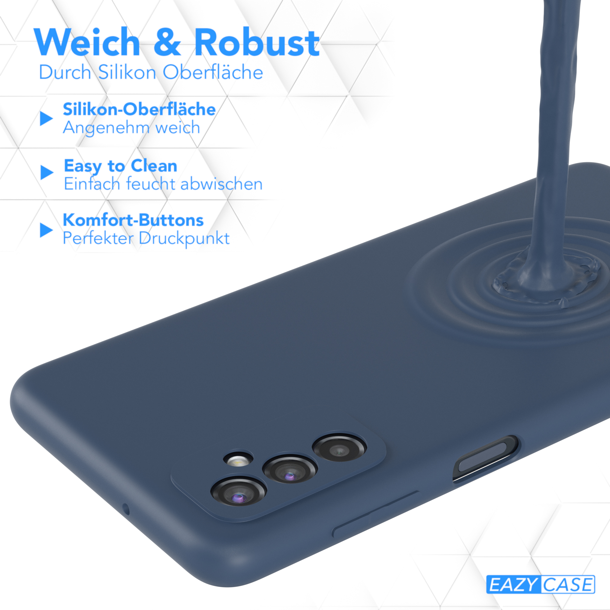Blaue Handyhülle mit Flüssigkeit. Text sagt Weich & Robust, Easy to Clean, Komfort-Buttons.
