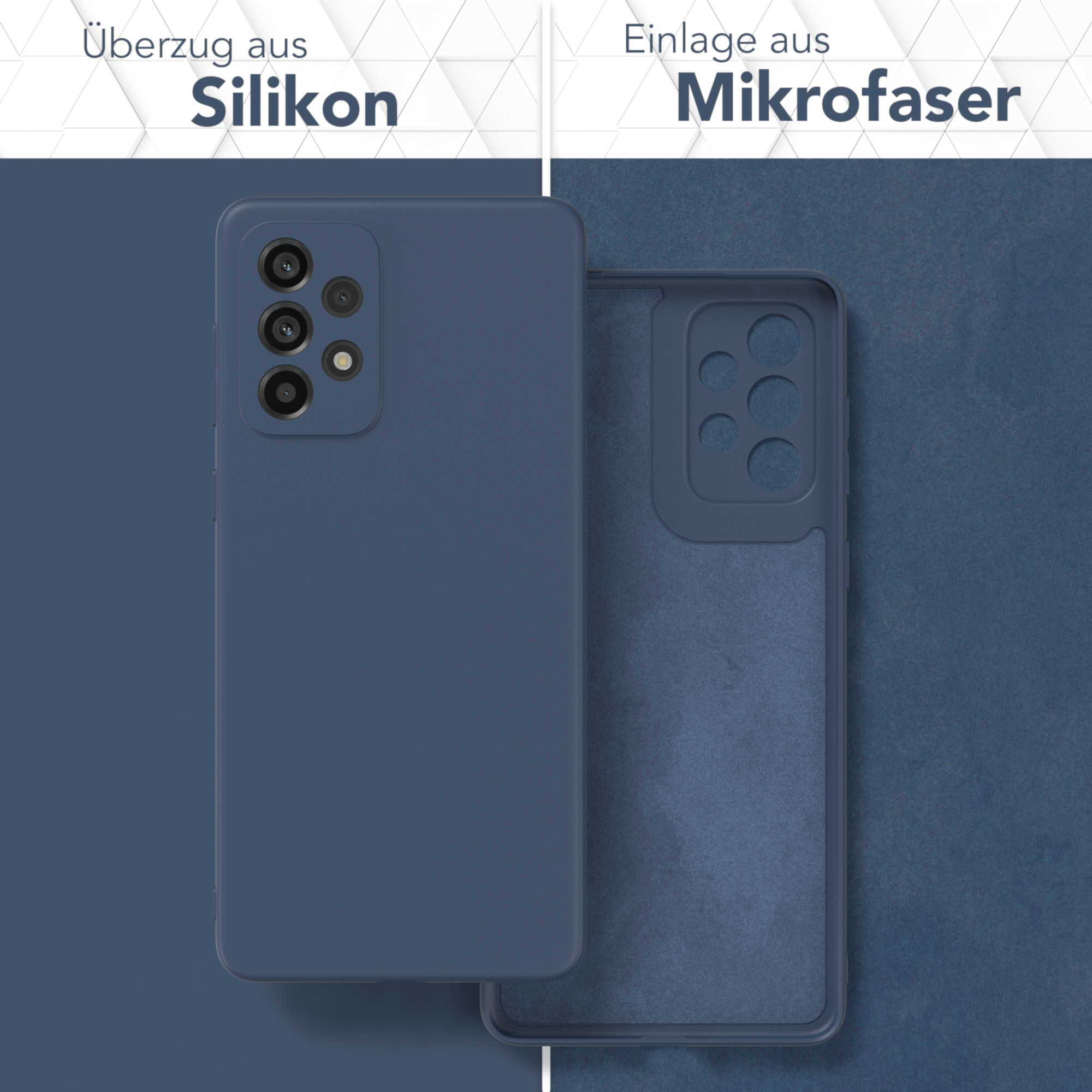 Eine blaue Handyhülle, die das Äußere und das Mikrofaser-Innenteil zeigt.