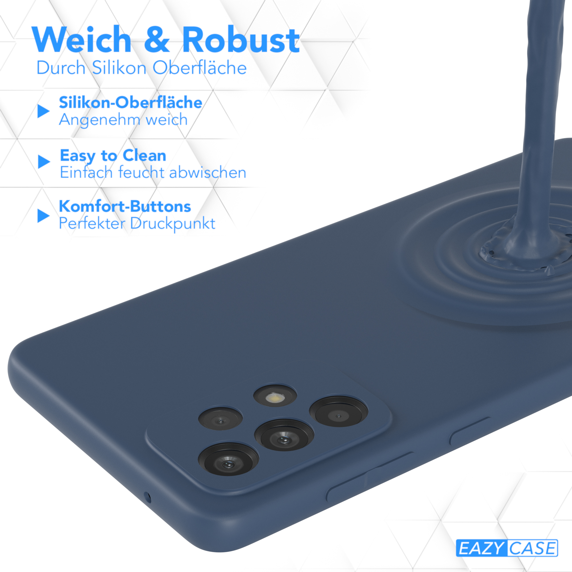 Nahaufnahme einer blauen Handyhülle mit blauem Flüssigkeitsspritzer. Text: Weich & Robust.
