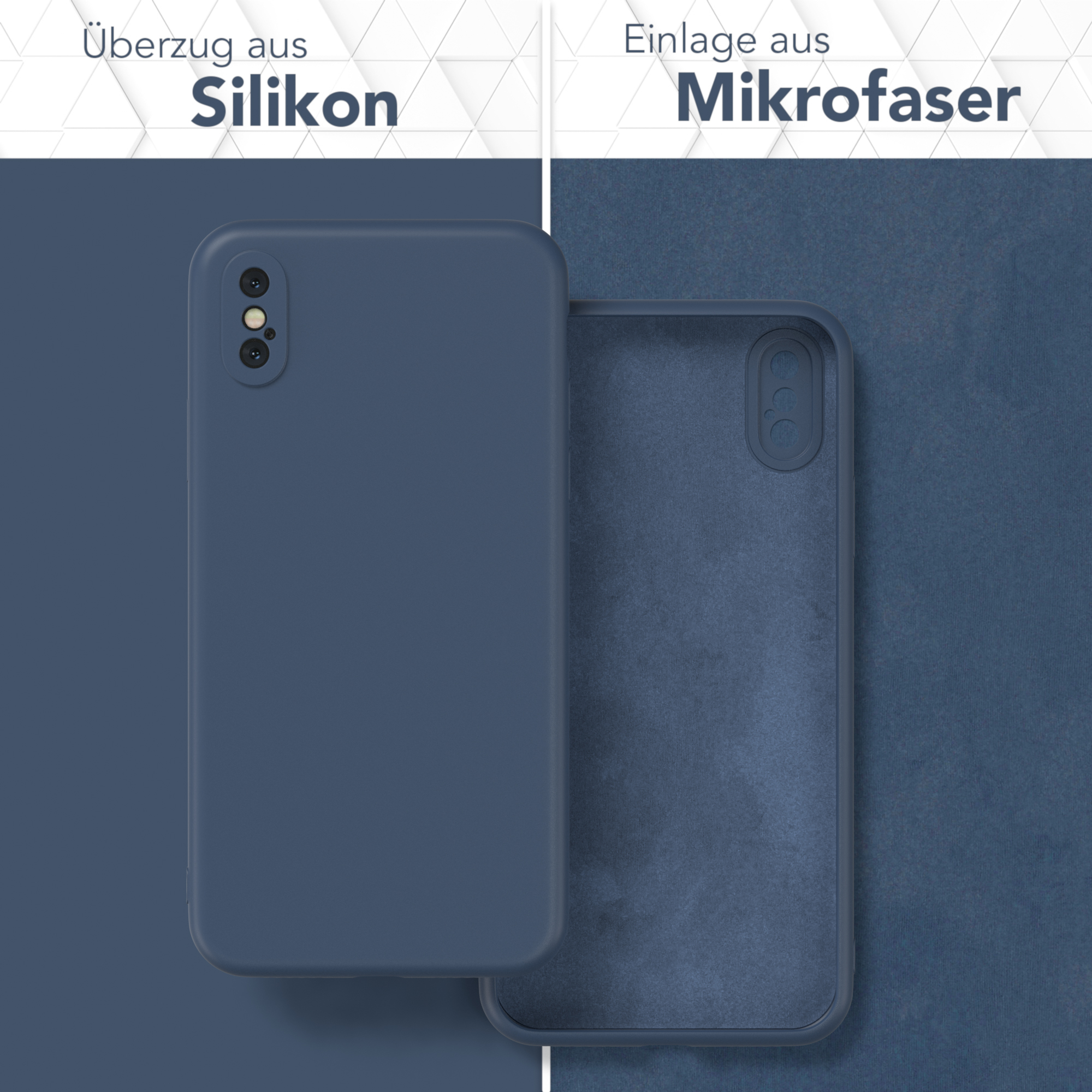 Blaue Handyhülle, innen Mikrofaser. Die Verpackung zeigt Silikon und Mikrofaser an.