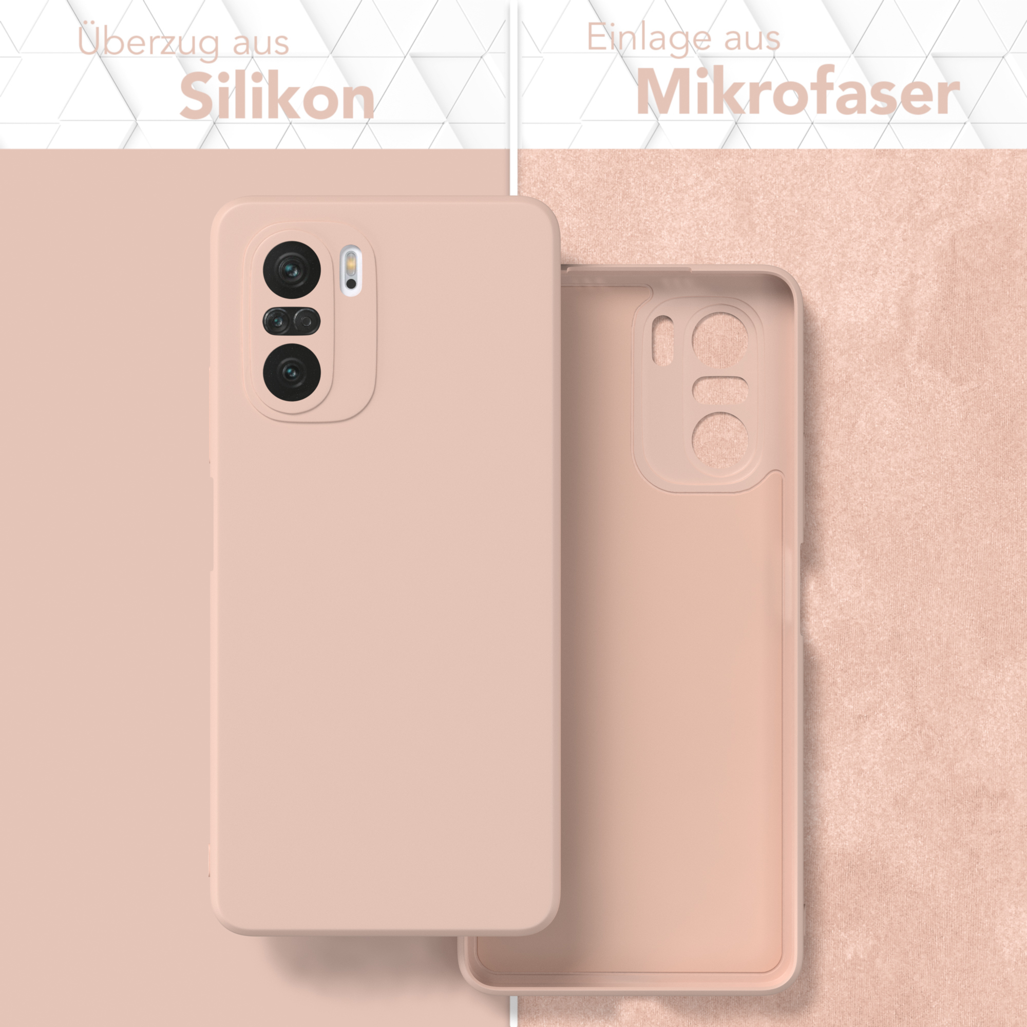 Eine Handyhülle mit Telefon und Mikrofasertuch. Die Hülle ist hellrosa. Texte sind auf Deutsch.