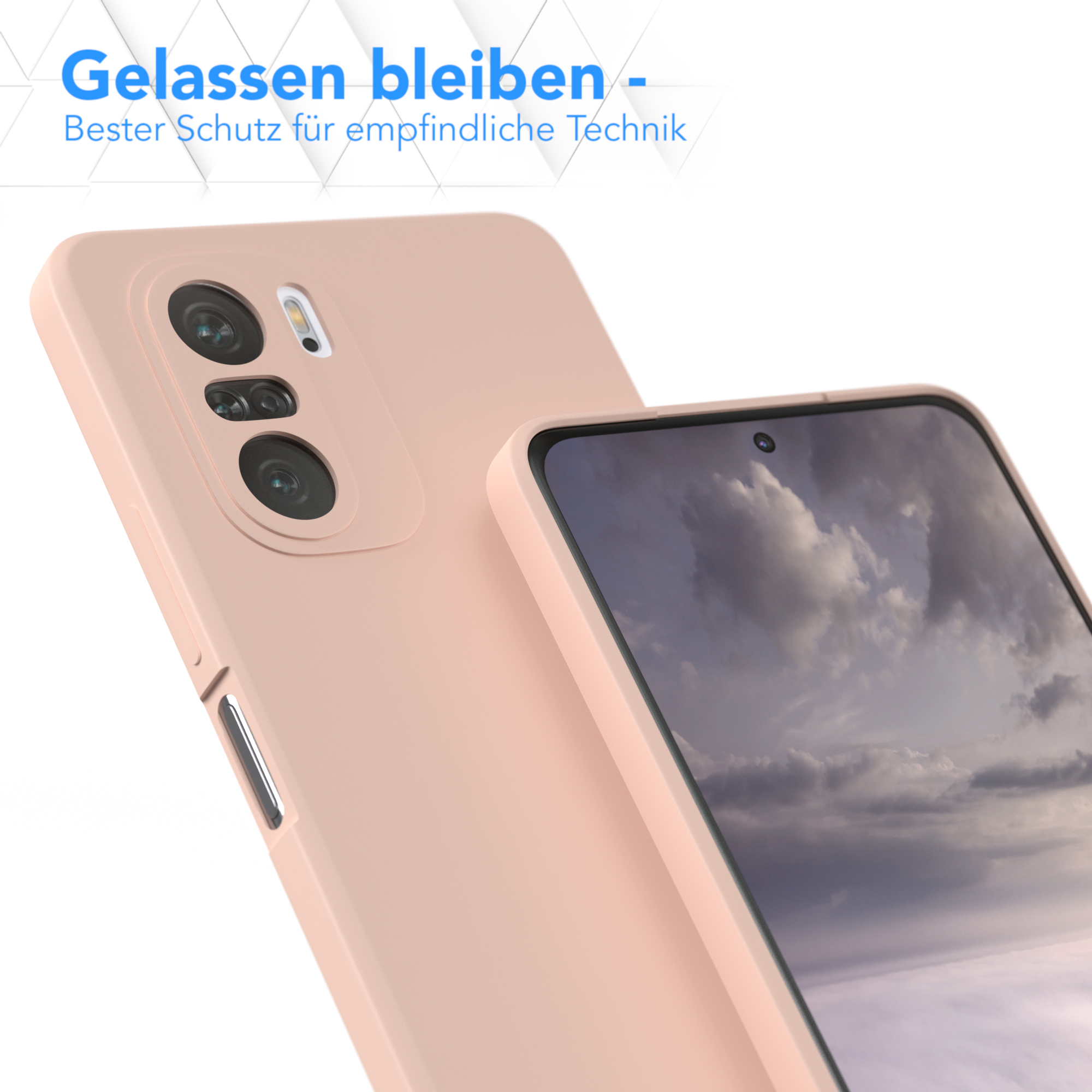 Zwei Handyhüllen. Die im Fokus ist rosa und schützt ein Telefon. Text: Gelassen bleiben.