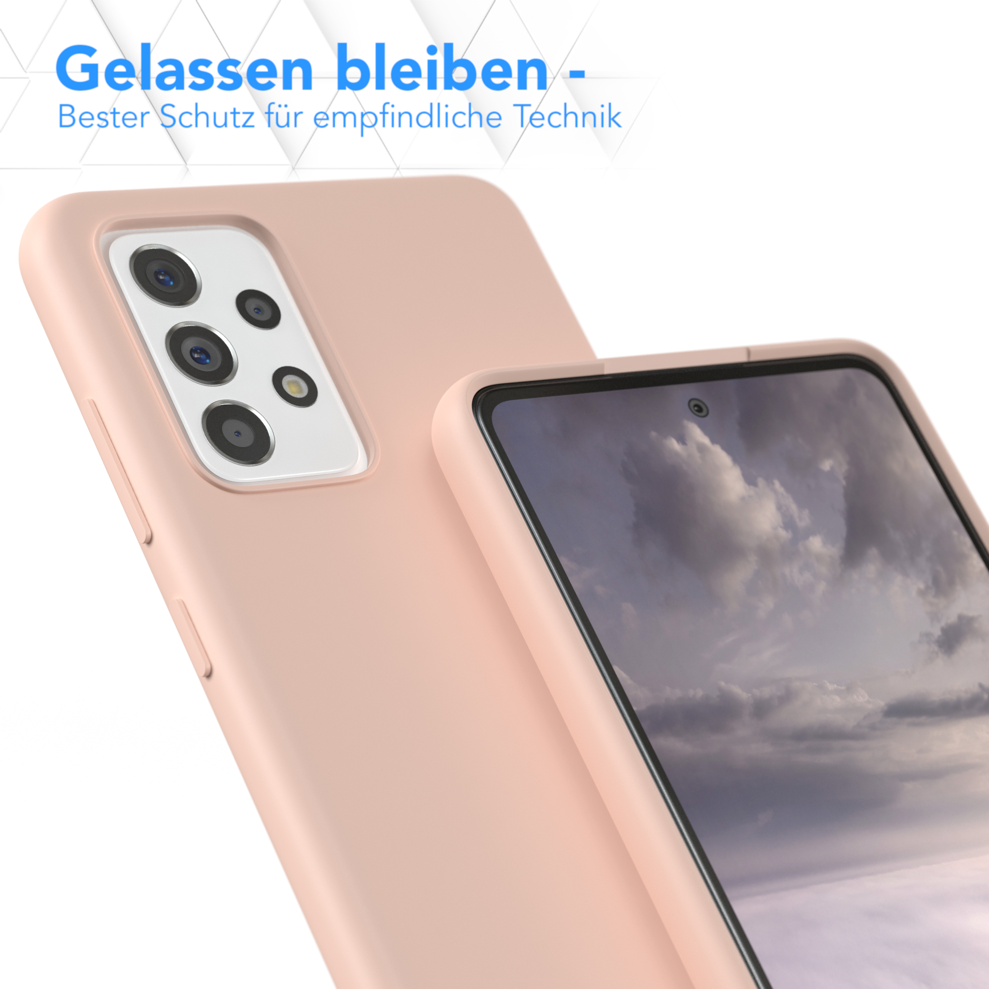 Zwei Handyhüllen, eine auf dem Telefon und eine daneben. Die Hüllen sind rosa.