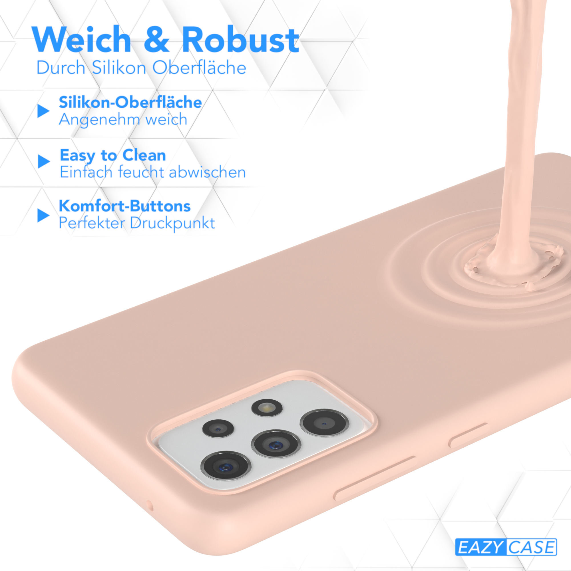 Eine rosa Handyhülle mit einem Telefon darin, mit einer wasserähnlichen Substanz, die darauf fließt.