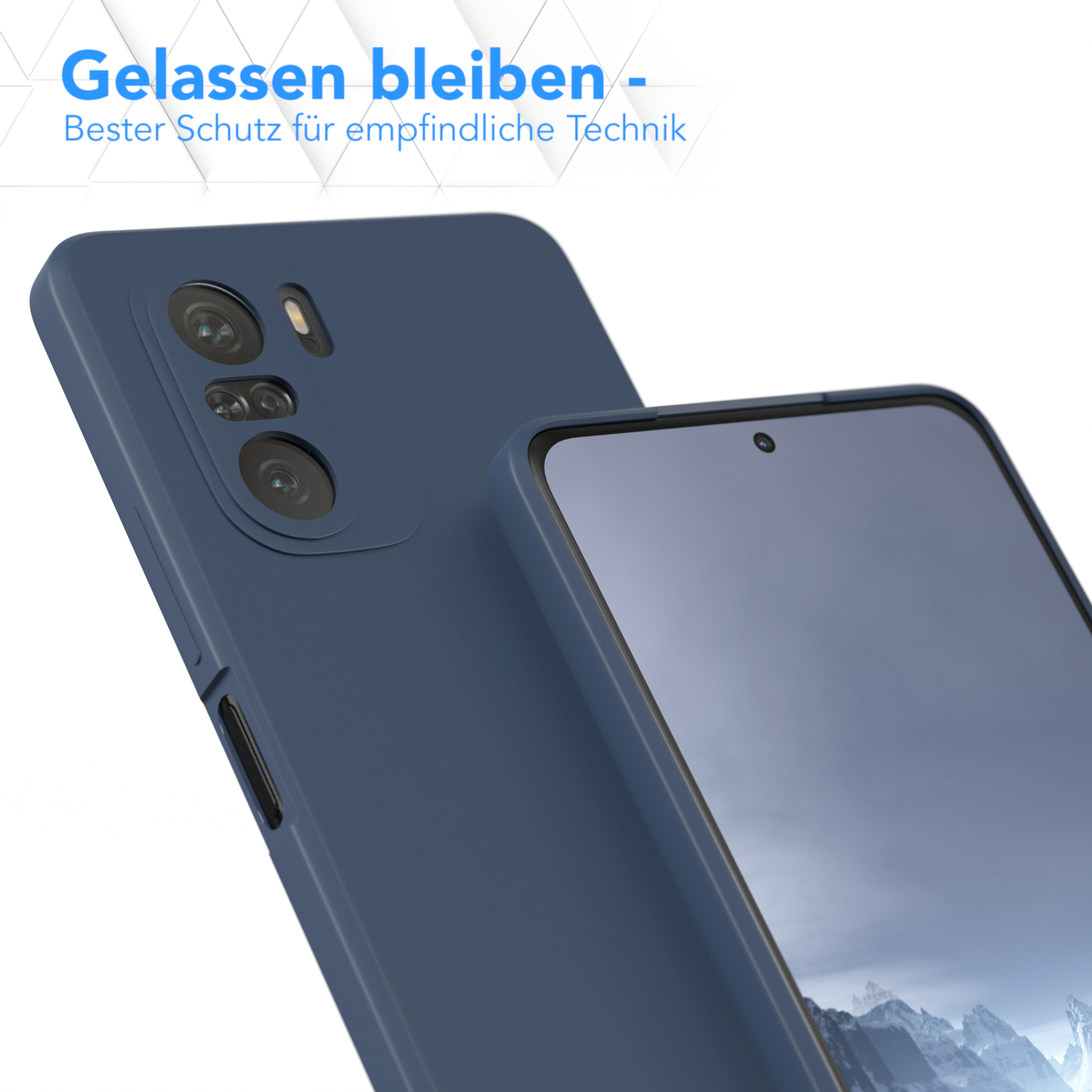 Dunkelblaue Handyhülle und Telefon, mit Text über den Schutz.