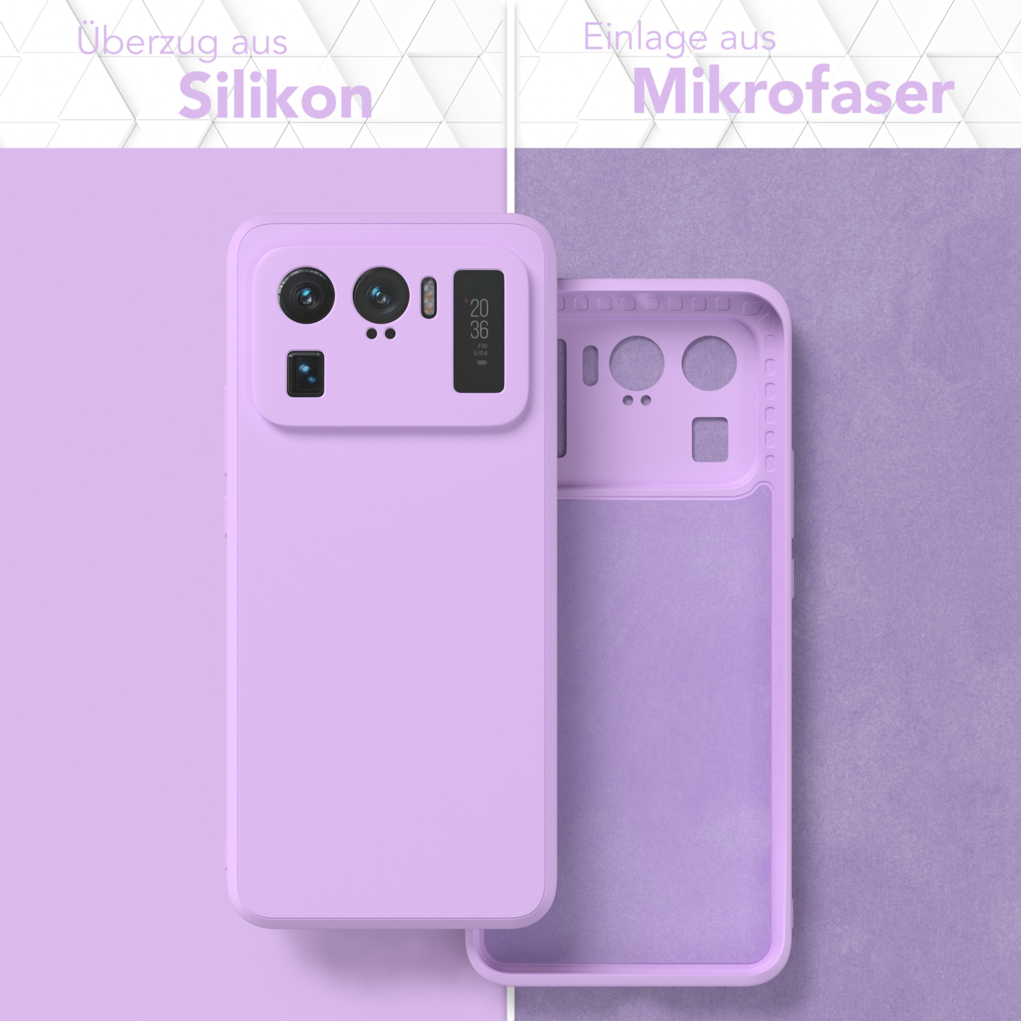 Ein Telefon, das auf einem schwarzen kabellosen Ladegerät geladen wird. Texte auf Deutsch und Englisch.