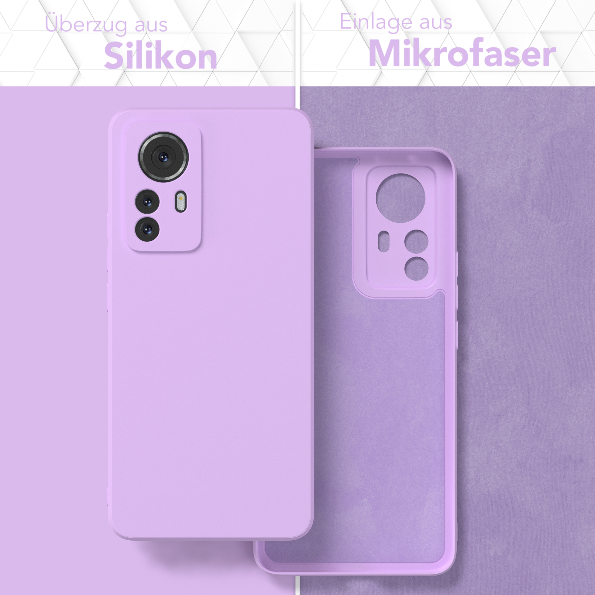 Eine lavendelfarbene Handyhülle mit einem Telefon darin. Die Hülle besteht aus Silikon und Mikrofaser.