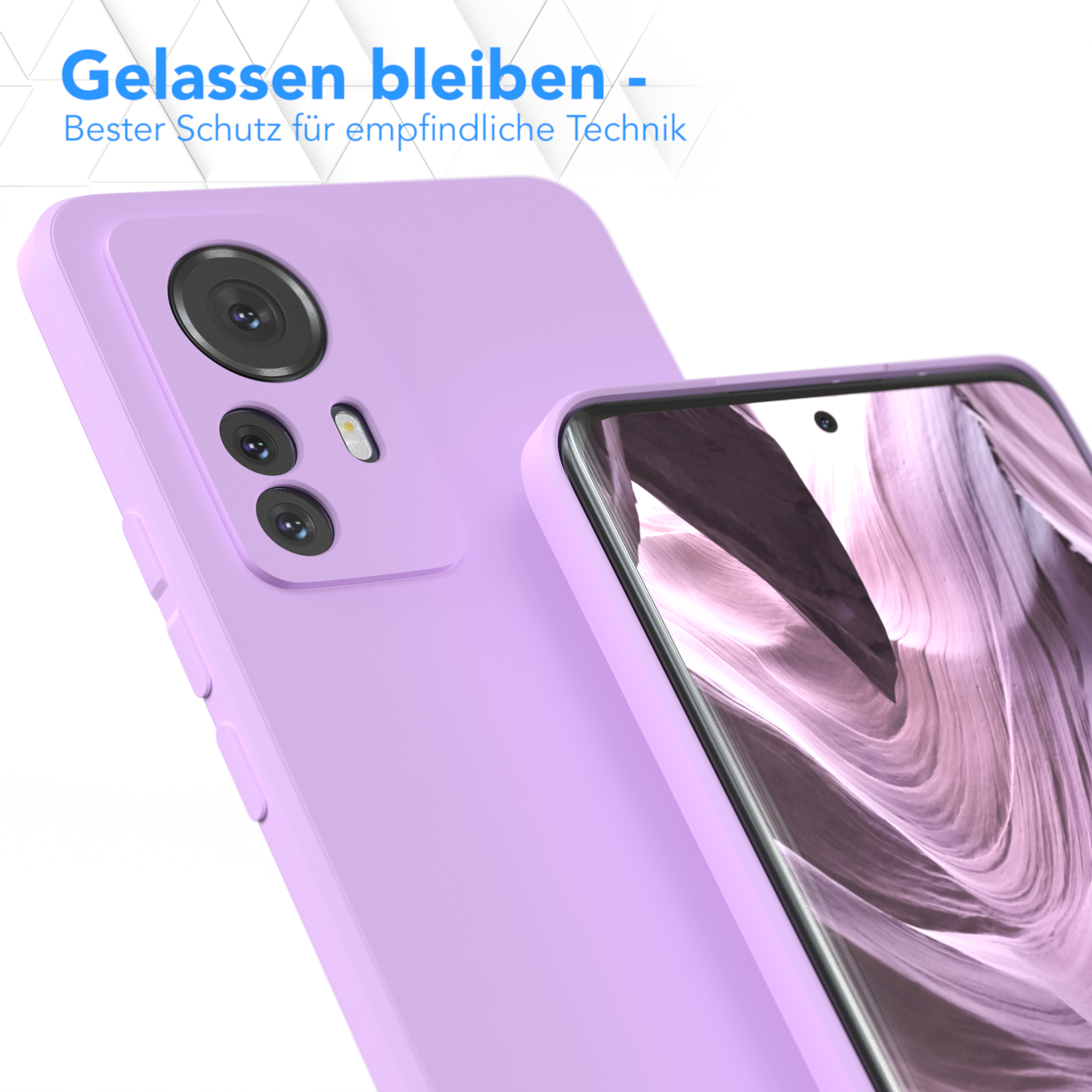 Lila Handyhülle neben einem Handy. Die Hülle links, das Handy rechts.
