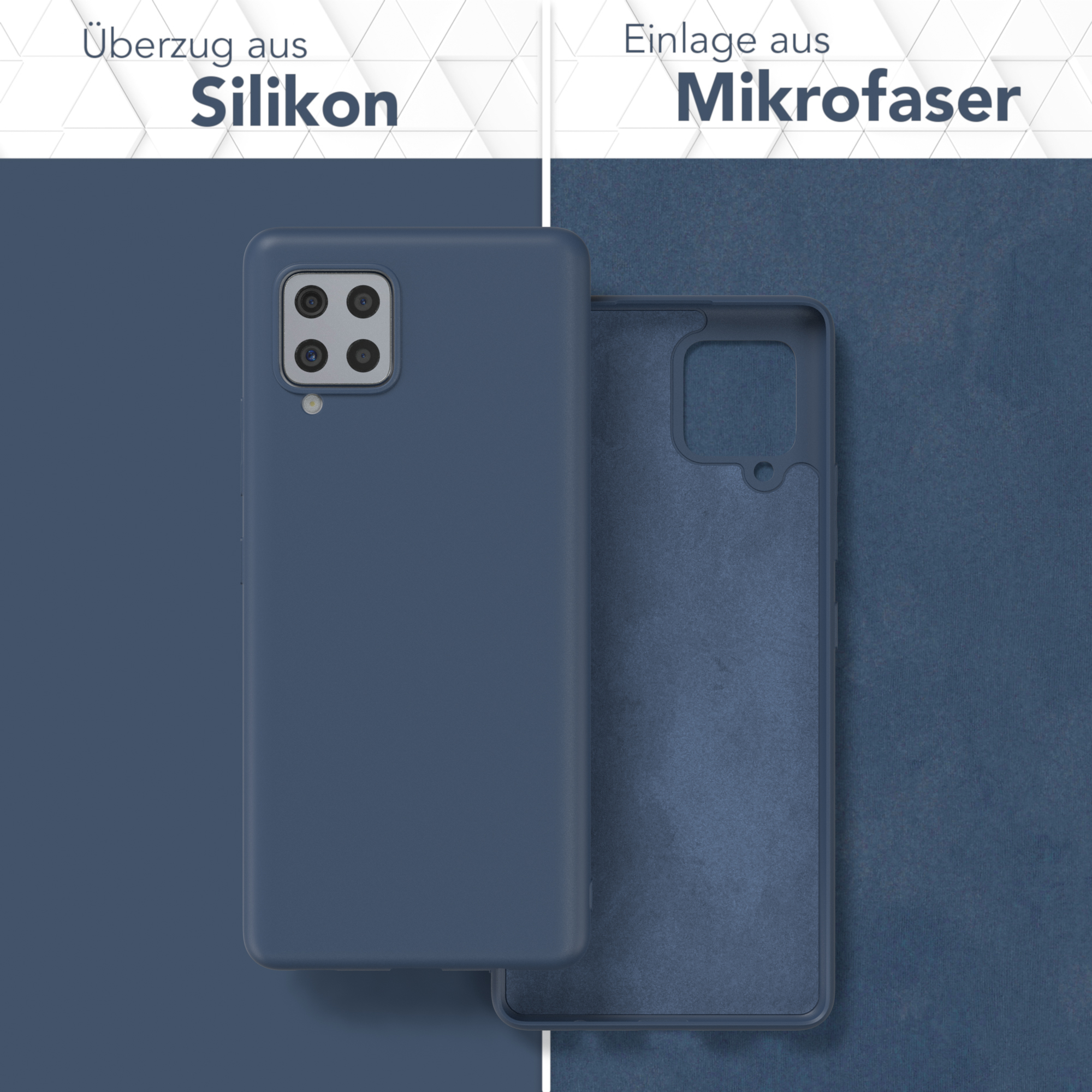 Handyhülle mit Silikonbeschichtung und Mikrofaser-Einsatz, blaue Farbe. Zeigt beide Seiten der Hülle.