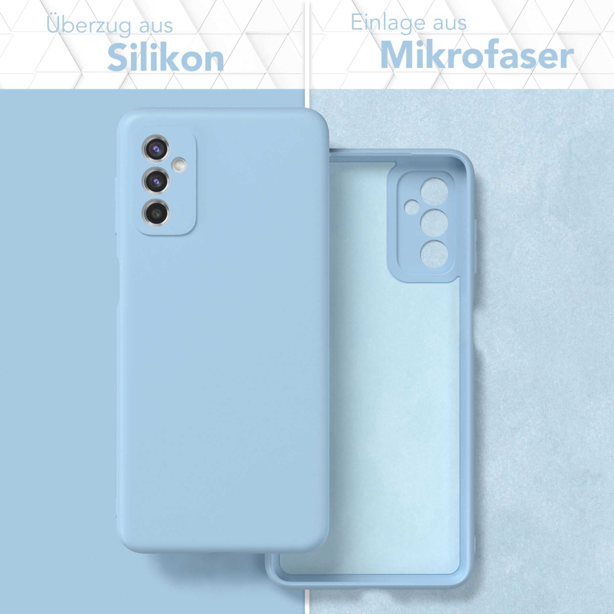 Blaue Handyhülle, geöffnet. Blaues Äußeres mit Mikrofaser-Innenraum. Text: 'Überzug aus Silikon'.