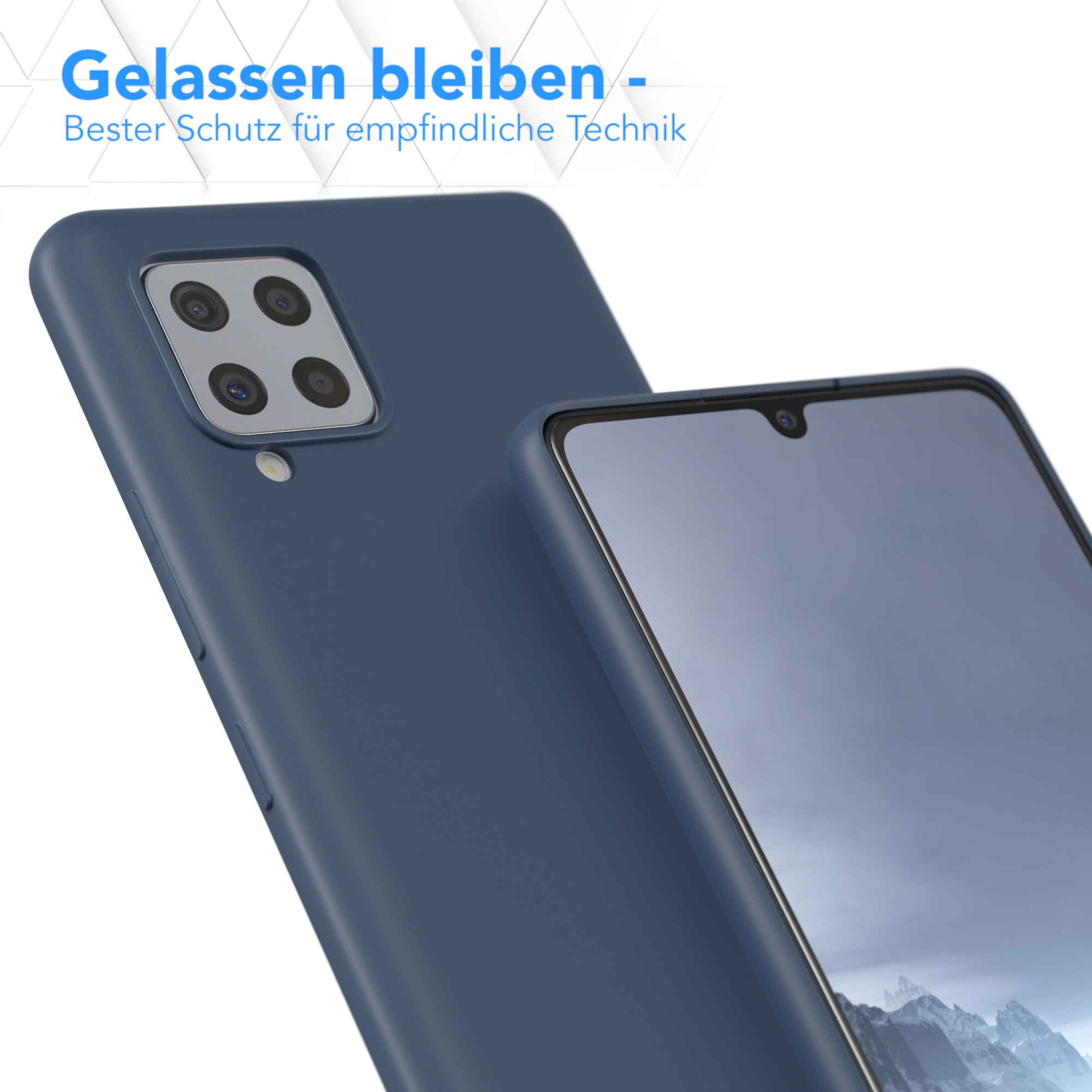 Blaue Handyhülle und Handy, beide abgewinkelt. Die Hülle befindet sich hinter dem Handy.