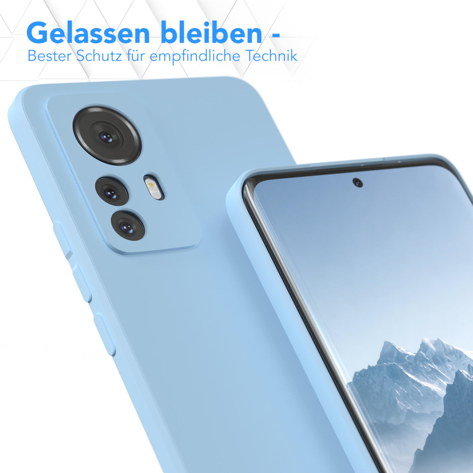 Eine hellblaue Handyhülle mit einem Telefon darin.