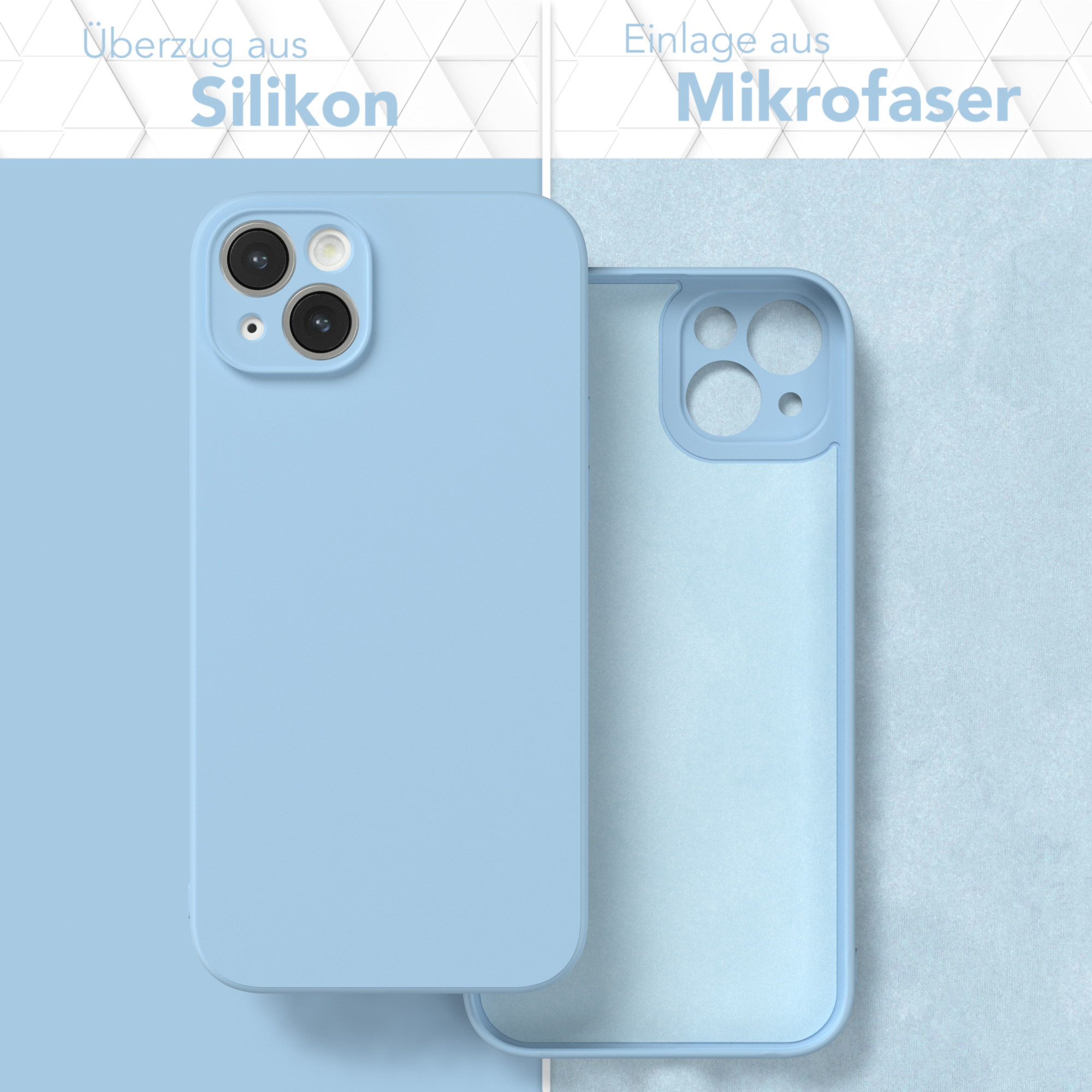 Hellblaue Handyhülle mit weicher blauer Silikonaußenseite und Mikrofaser-Innenseite.