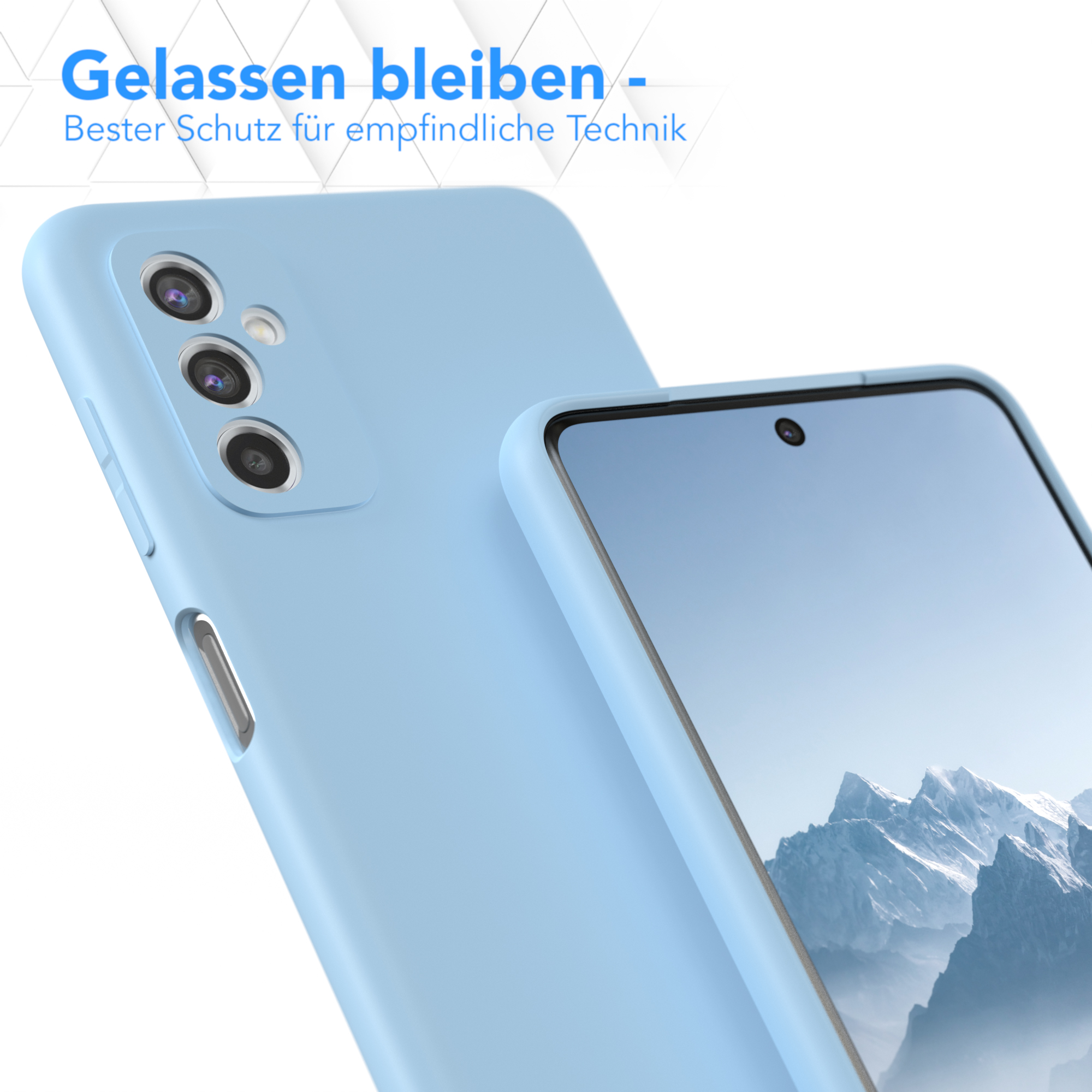 Hellblaue Handyhülle mit drei Kameralinsen. Das Telefon befindet sich vor einem anderen.