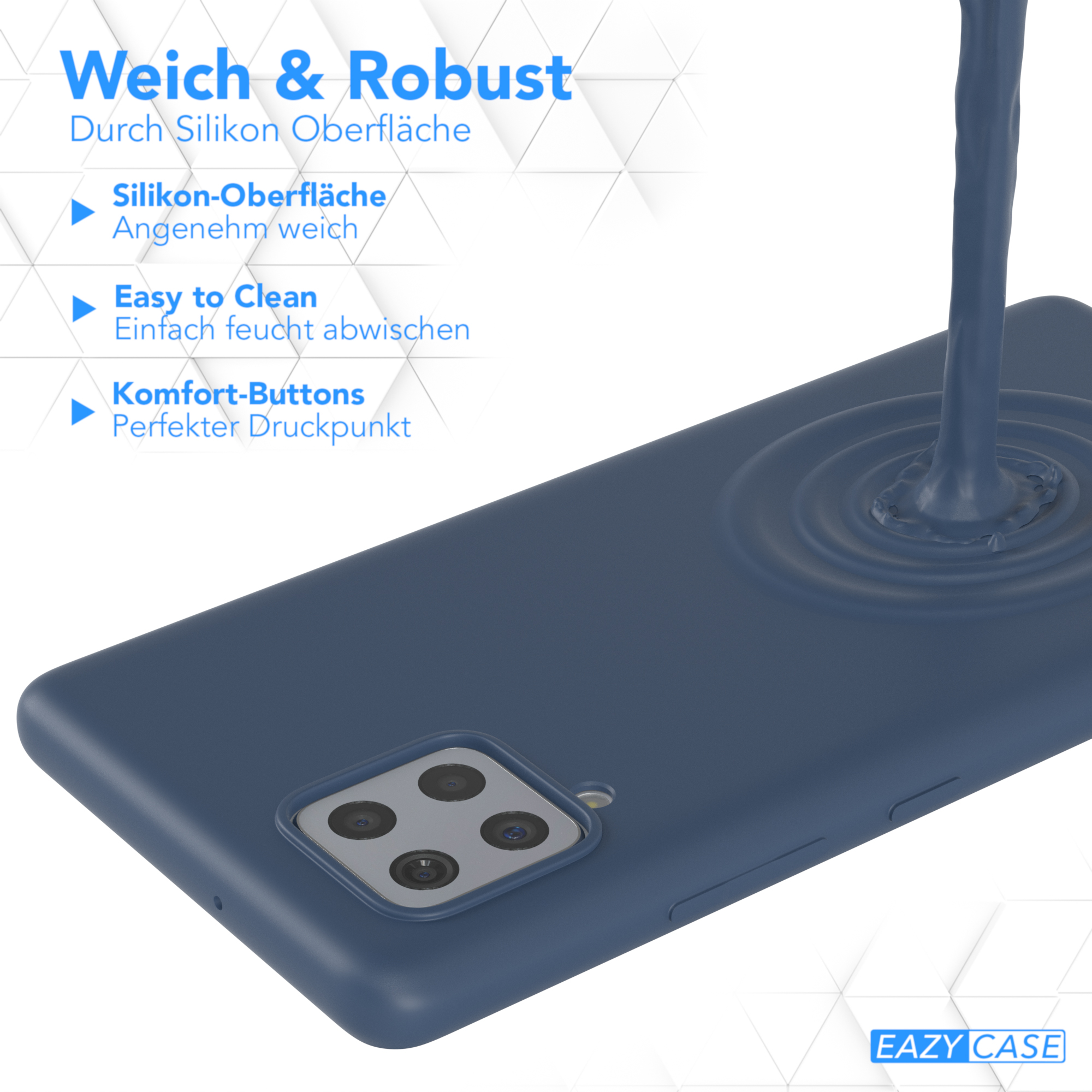 Eine blaue Handyhülle mit einer Telefon-förmigen Vertiefung und einer blauen Flüssigkeit, die über das Telefon tropft.