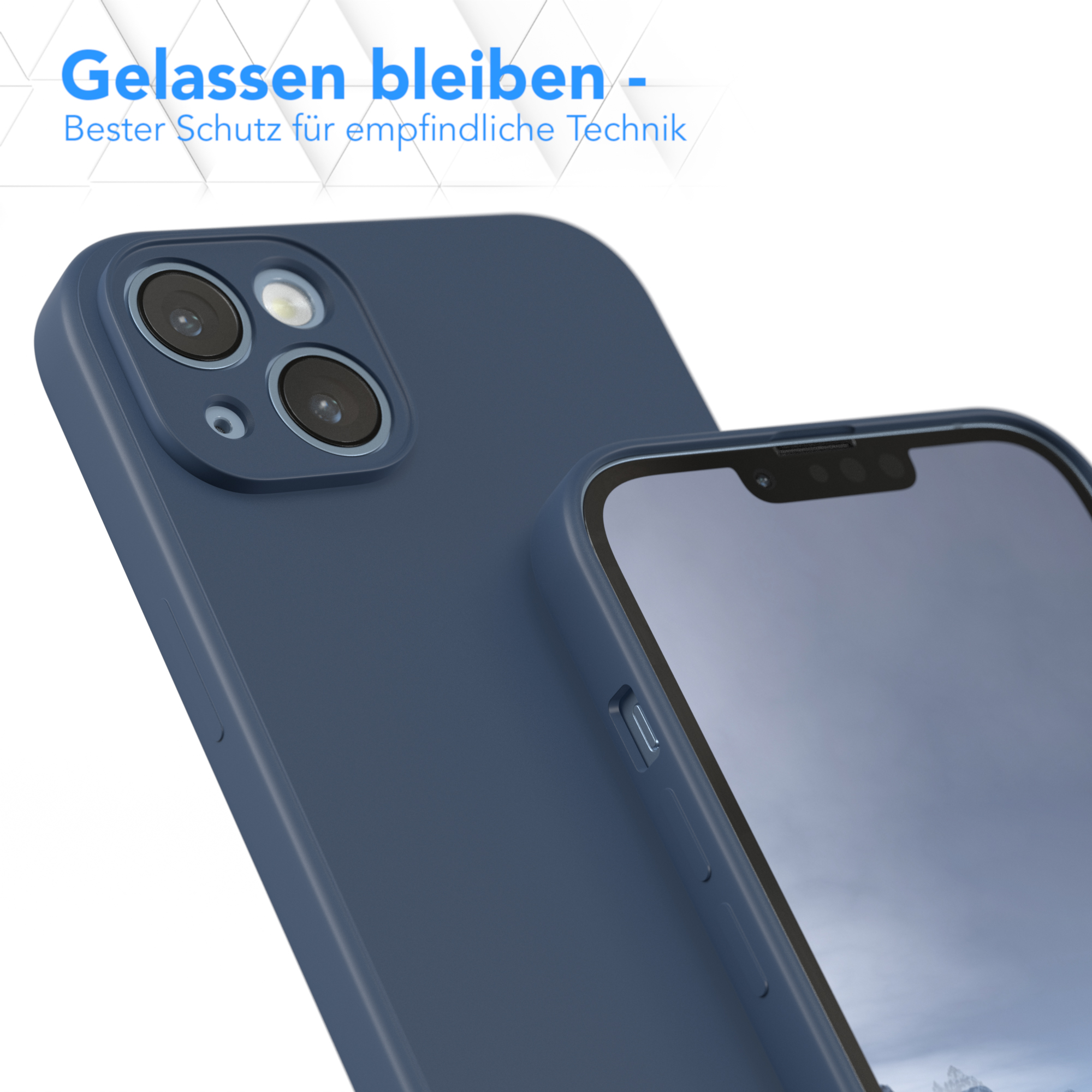 Eine blaue Handyhülle befindet sich in der Nähe eines Handys, das eine Landschaft zeigt. Der Text 'Gelassen bleiben' steht darüber.