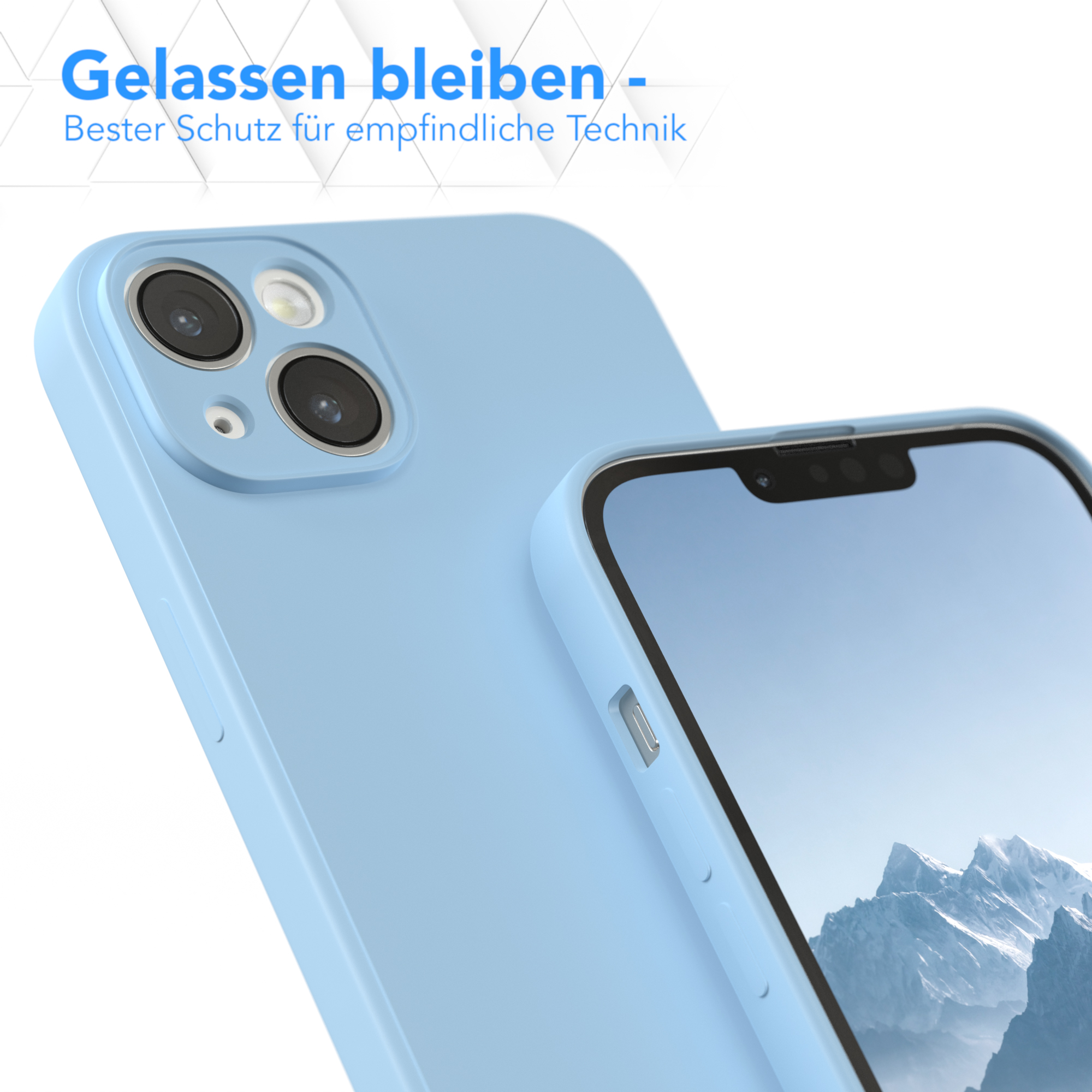 Eine hellblaue Handyhülle mit einem Telefon darin, auf weißem Hintergrund.
