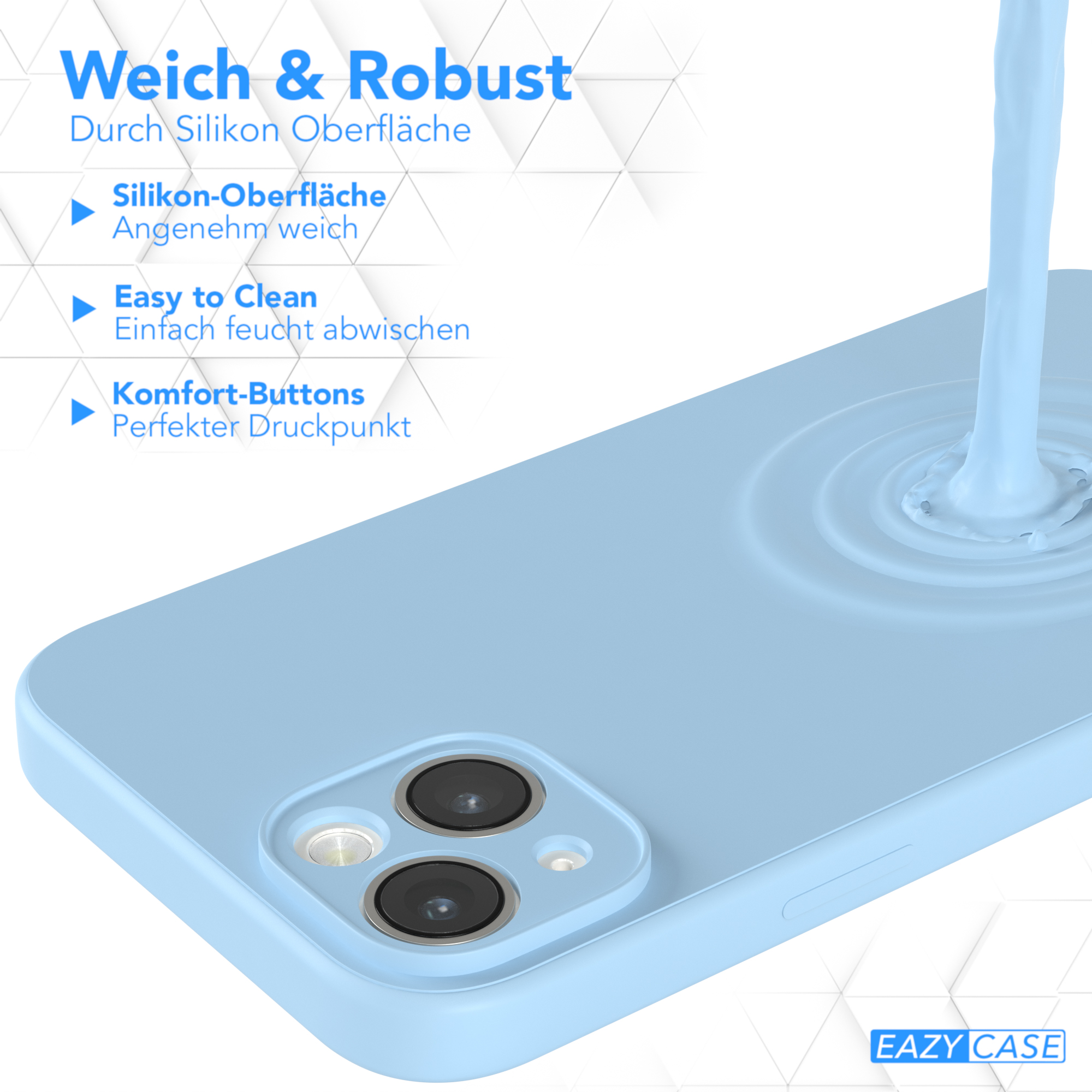 Blaue Handyhülle mit Wassertropfen. Text beschreibt die Silikonoberfläche als weich und leicht zu reinigen.