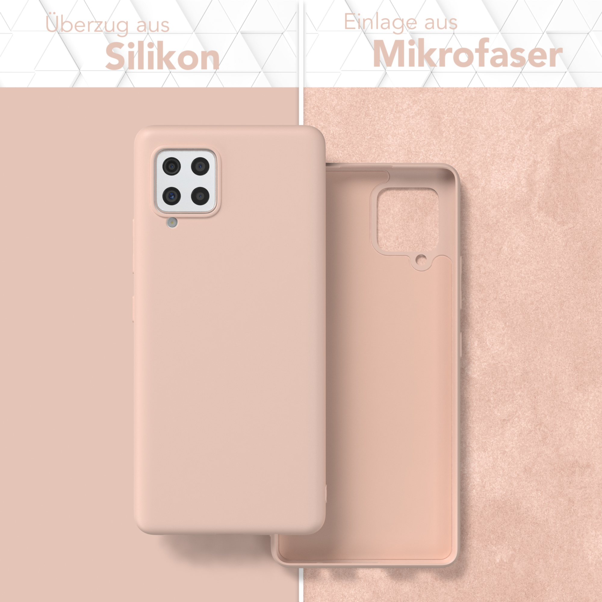 Zwei Telefonhüllen nebeneinander. Eine ist geschlossen, die andere offen. Beide sind rosa mit Mikrofaser-Innenraum.