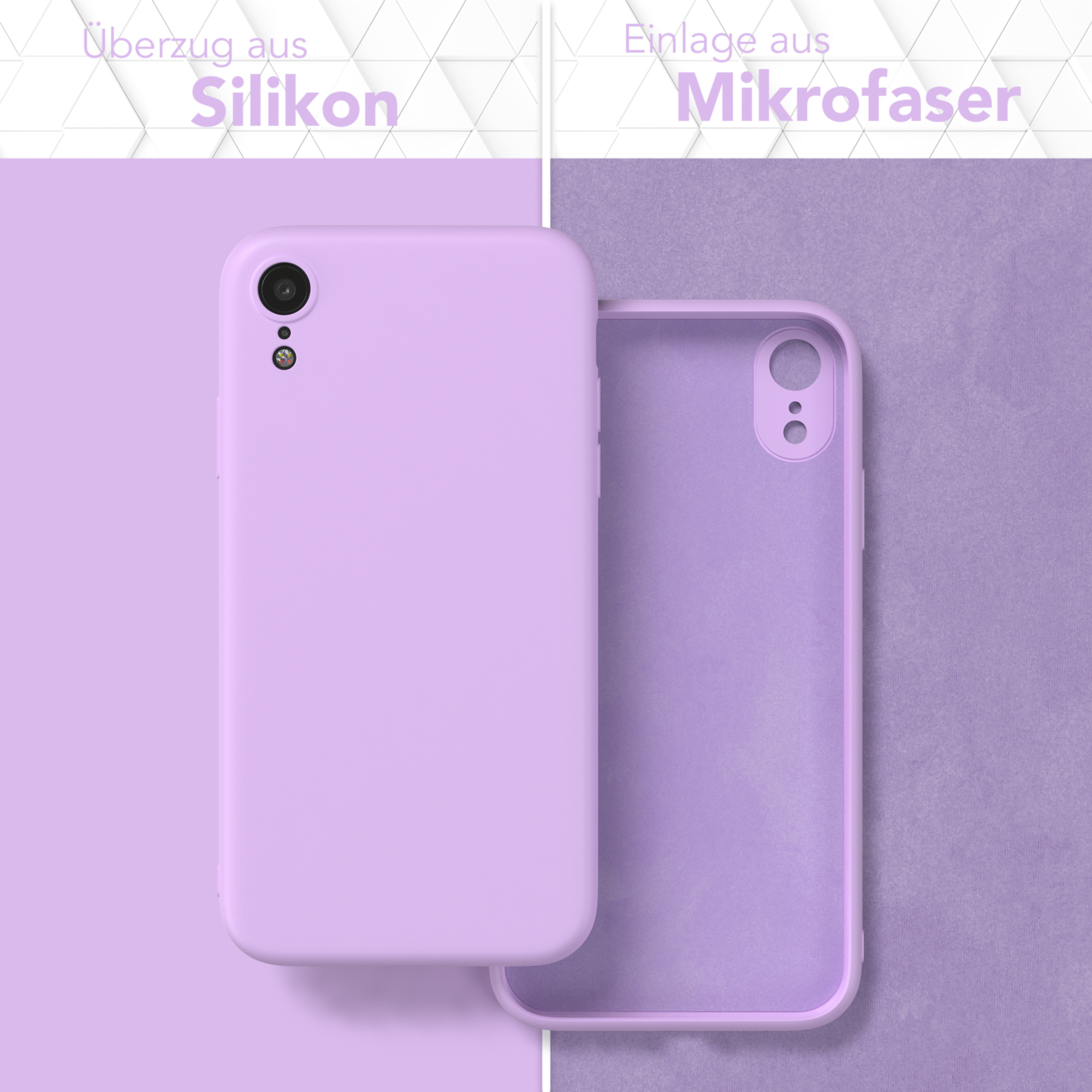 Lila Handyhülle mit Telefon. Silikonhülle links, Mikrofaser rechts.
