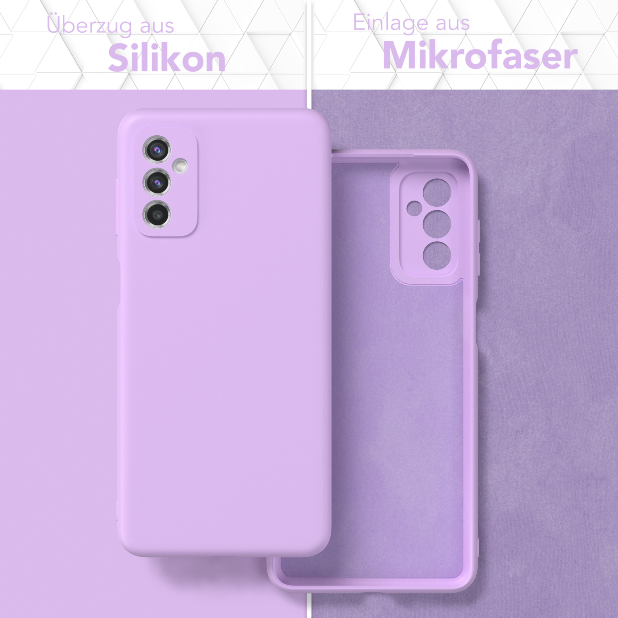 Zwei Handyhüllen: eine lavendelfarbene, eine transparente. Die lavendelfarbene ist auf dem Telefon.