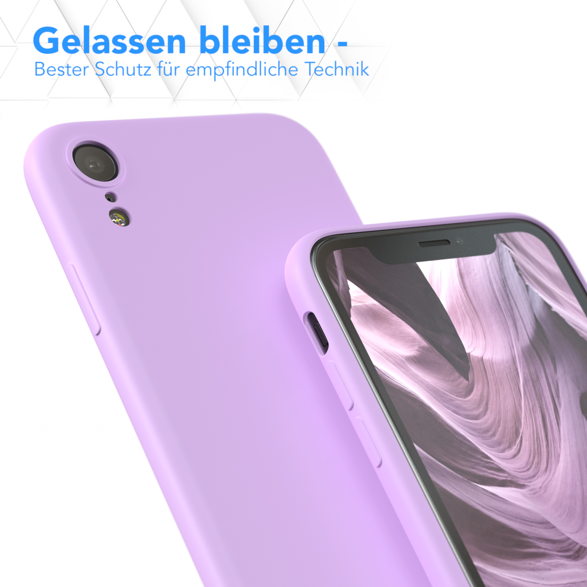 Zwei lila Handyhüllen, eine mit dem Telefon, auf blauem Hintergrund.