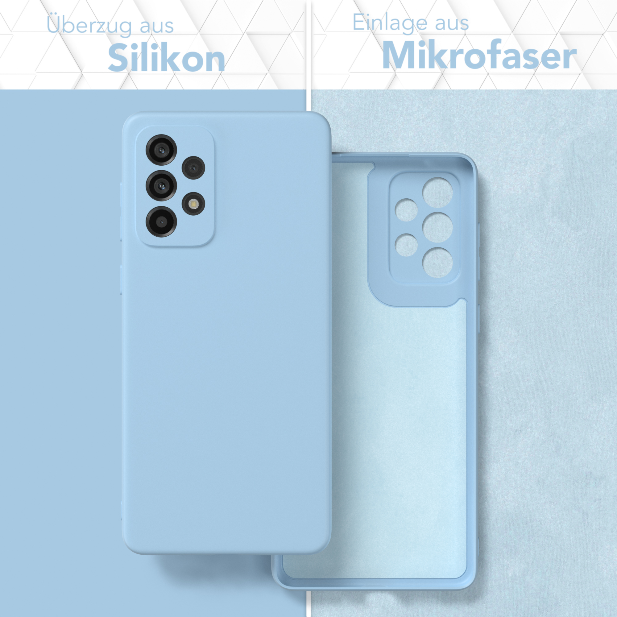 Hellblaue Handyhülle, zweiteilig, eine mit Telefon, eine ohne, auf hellblauem strukturierten Hintergrund.