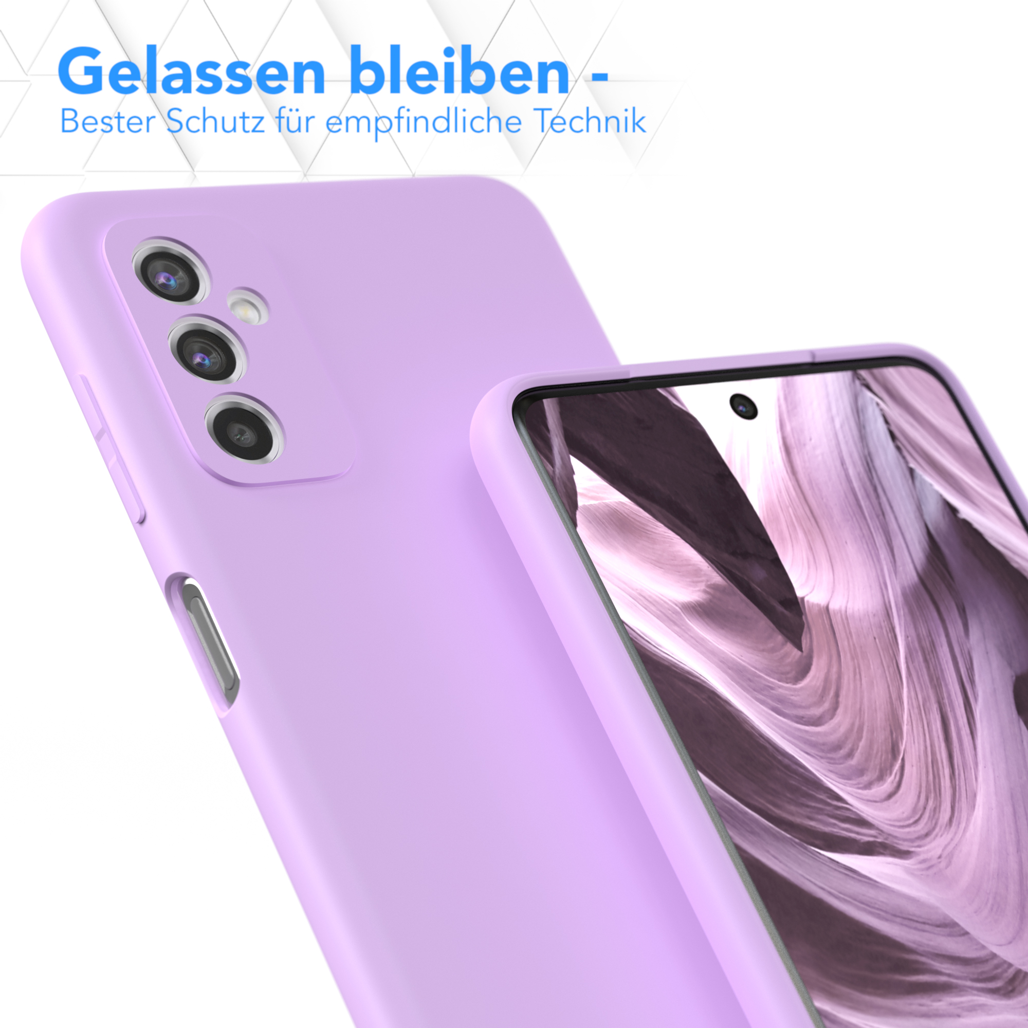 Zwei lilafarbene Telefonhüllen. Eine auf einem Telefon, die andere sichtbar.
